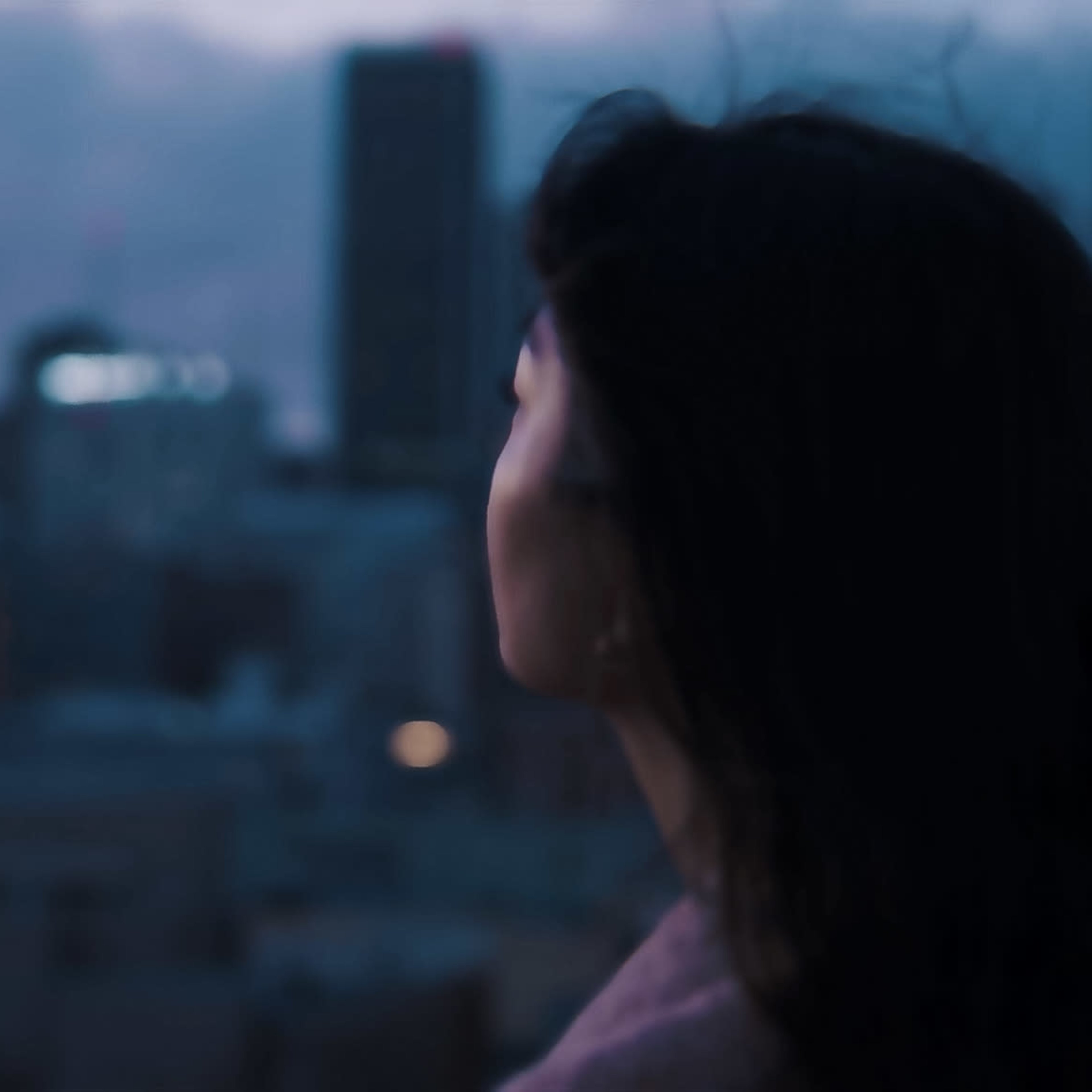 A person stands on a rooftop, looking towards a city skyline at dusk, with buildings illuminated against a cloudy sky.