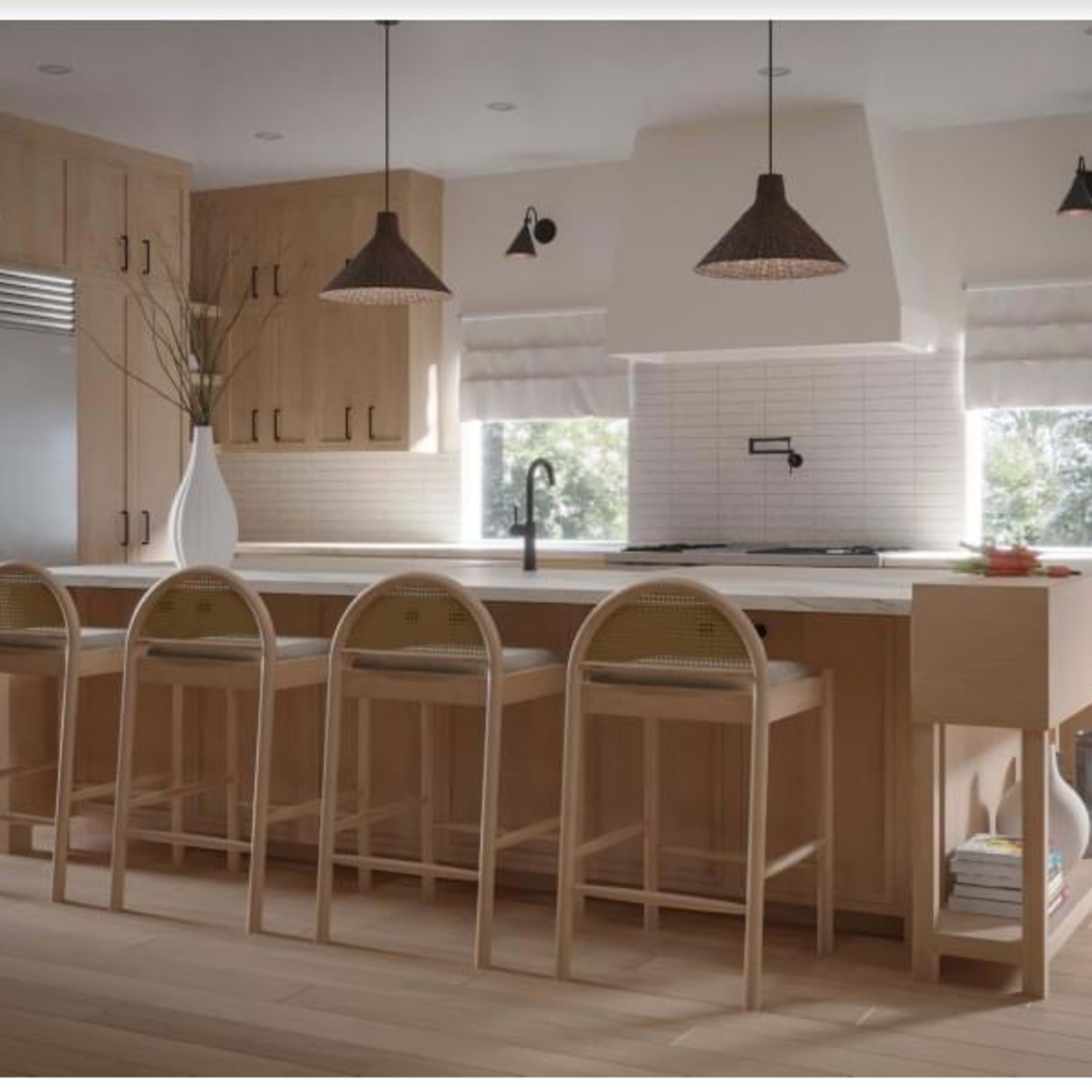 A modern kitchen featuring wooden cabinetry, a central island with four bar stools, and pendant lighting above.