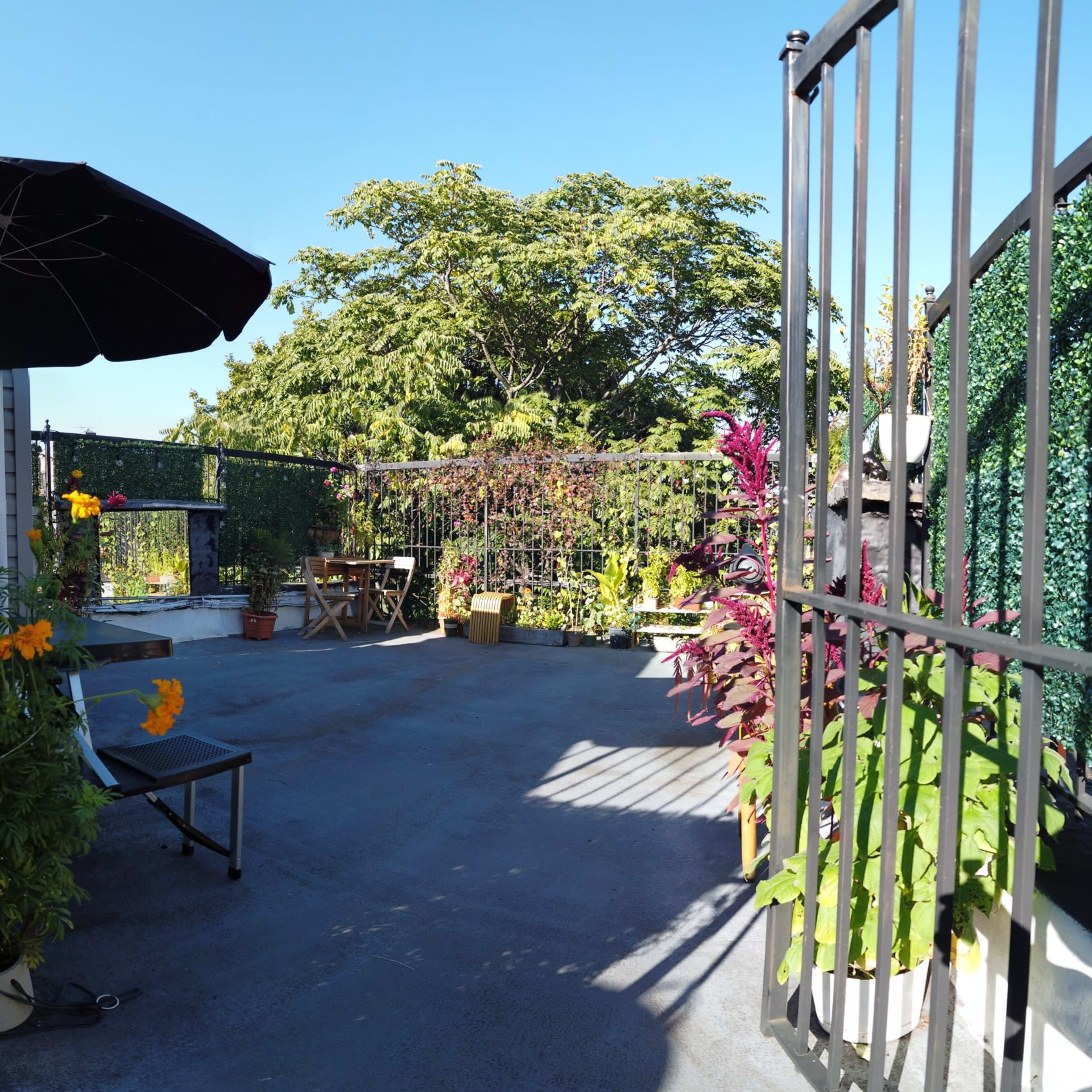 A rooftop terrace enclosed by a black metal gate, featuring potted plants, a chair, and an umbrella beside a clear blue sky.