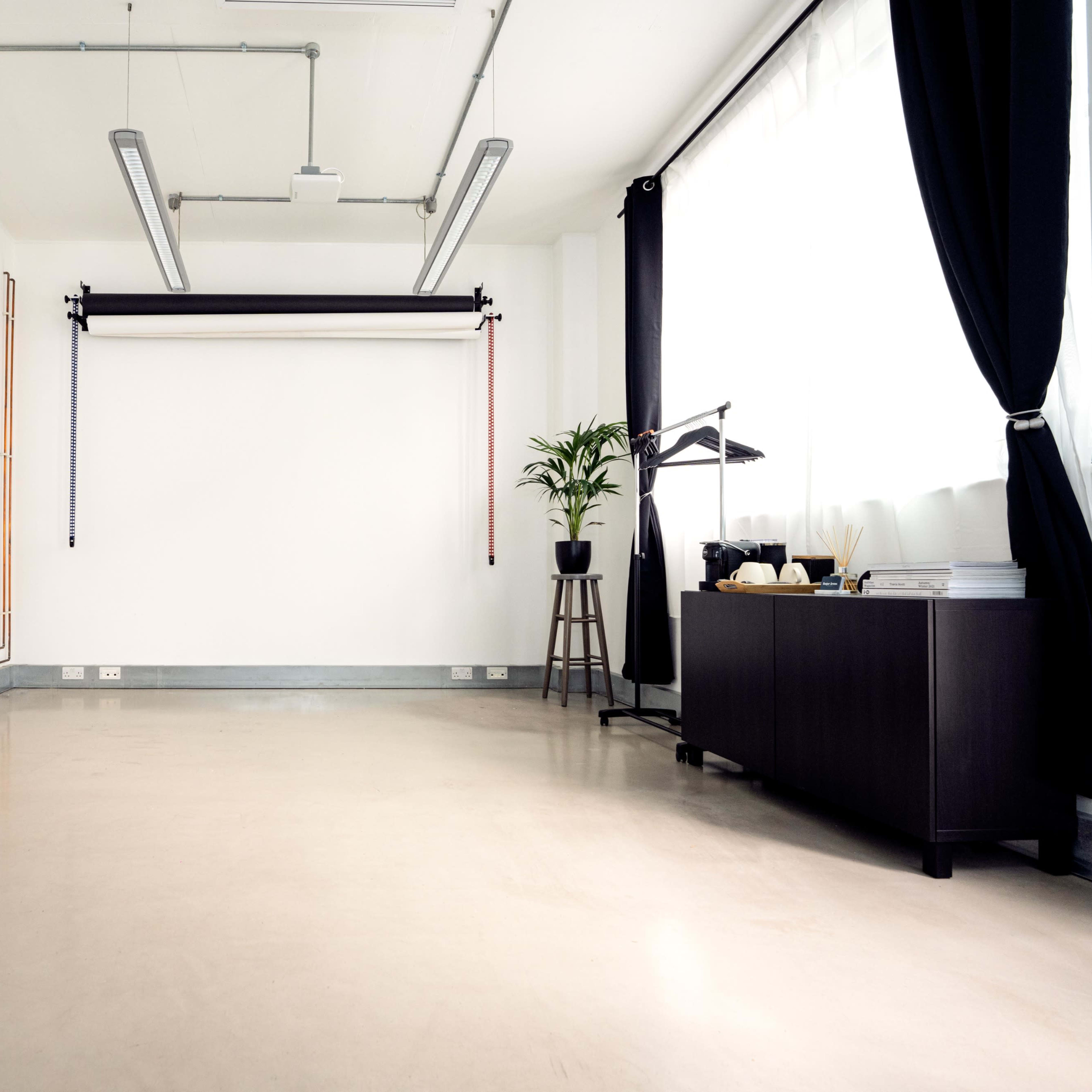 A minimalistic room with a polished floor, a black cabinet, a potted plant on a stool, and a white wall featuring a roll-up backdrop system.