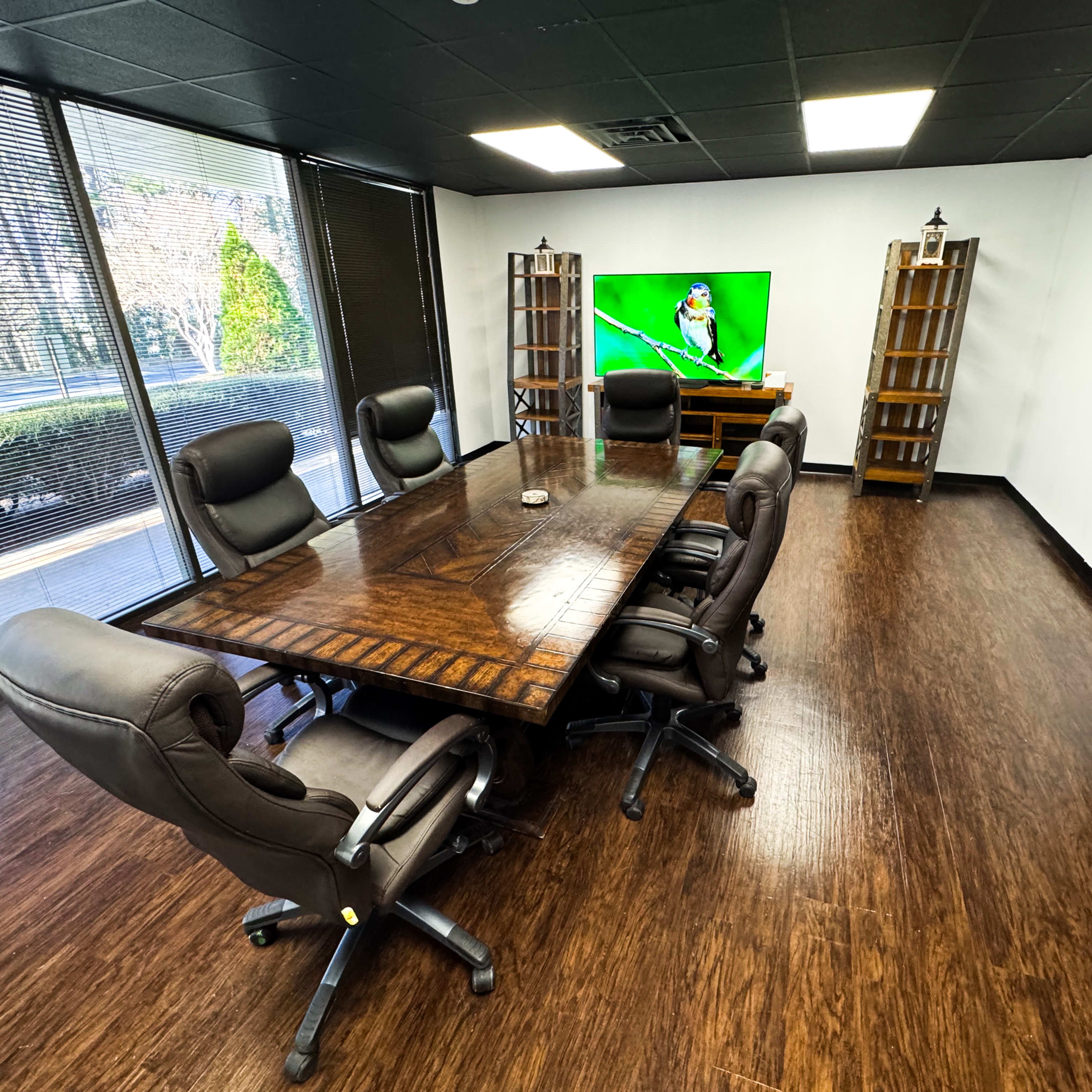 A modern conference room with a large wooden table surrounded by six black chairs and a wall-mounted television displaying a bird.