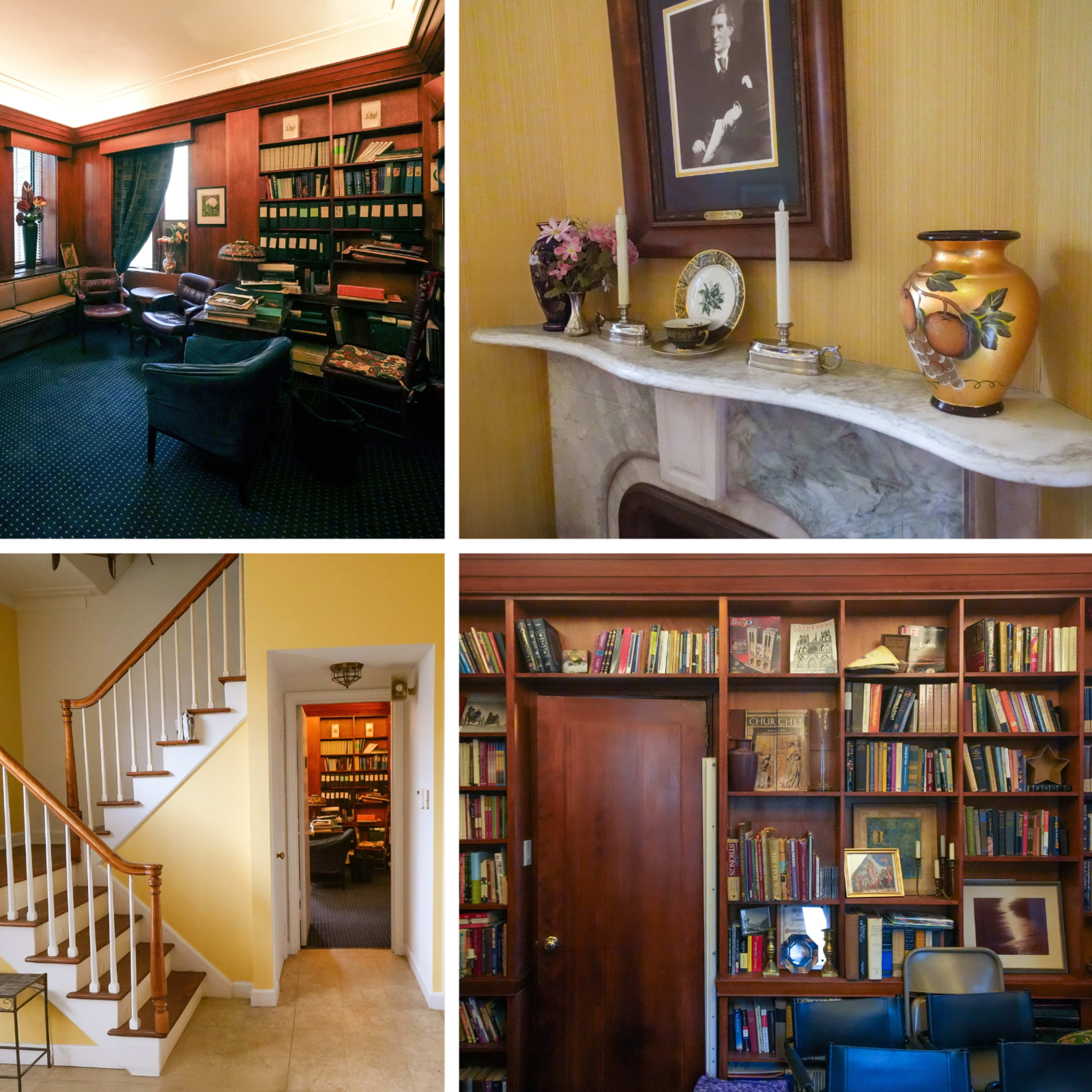 Four panels showcasing a cozy, vintage library with bookshelves, a staircase, and a well-decorated parlor.