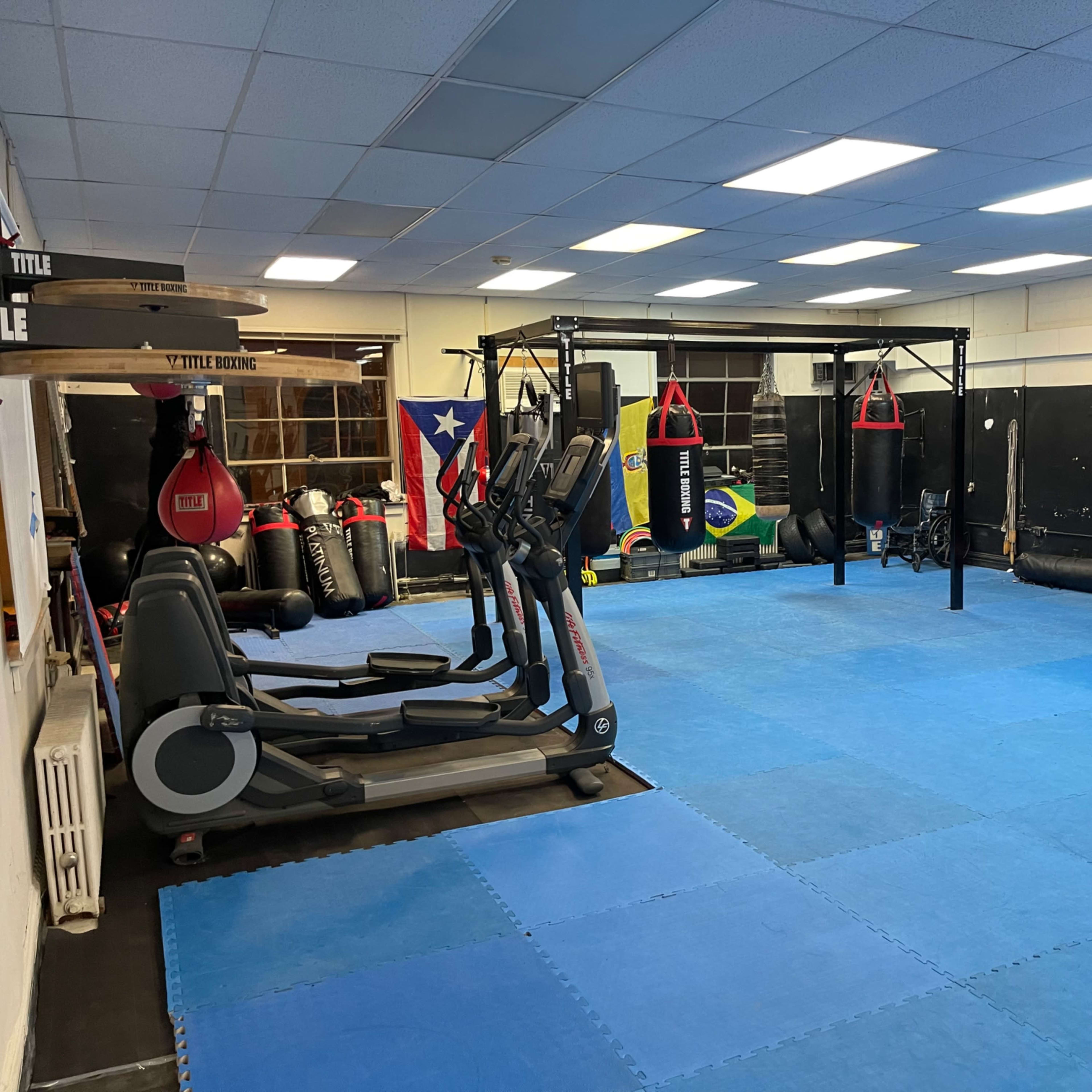 A gym interior featuring exercise equipment, punching bags, and blue padded flooring.