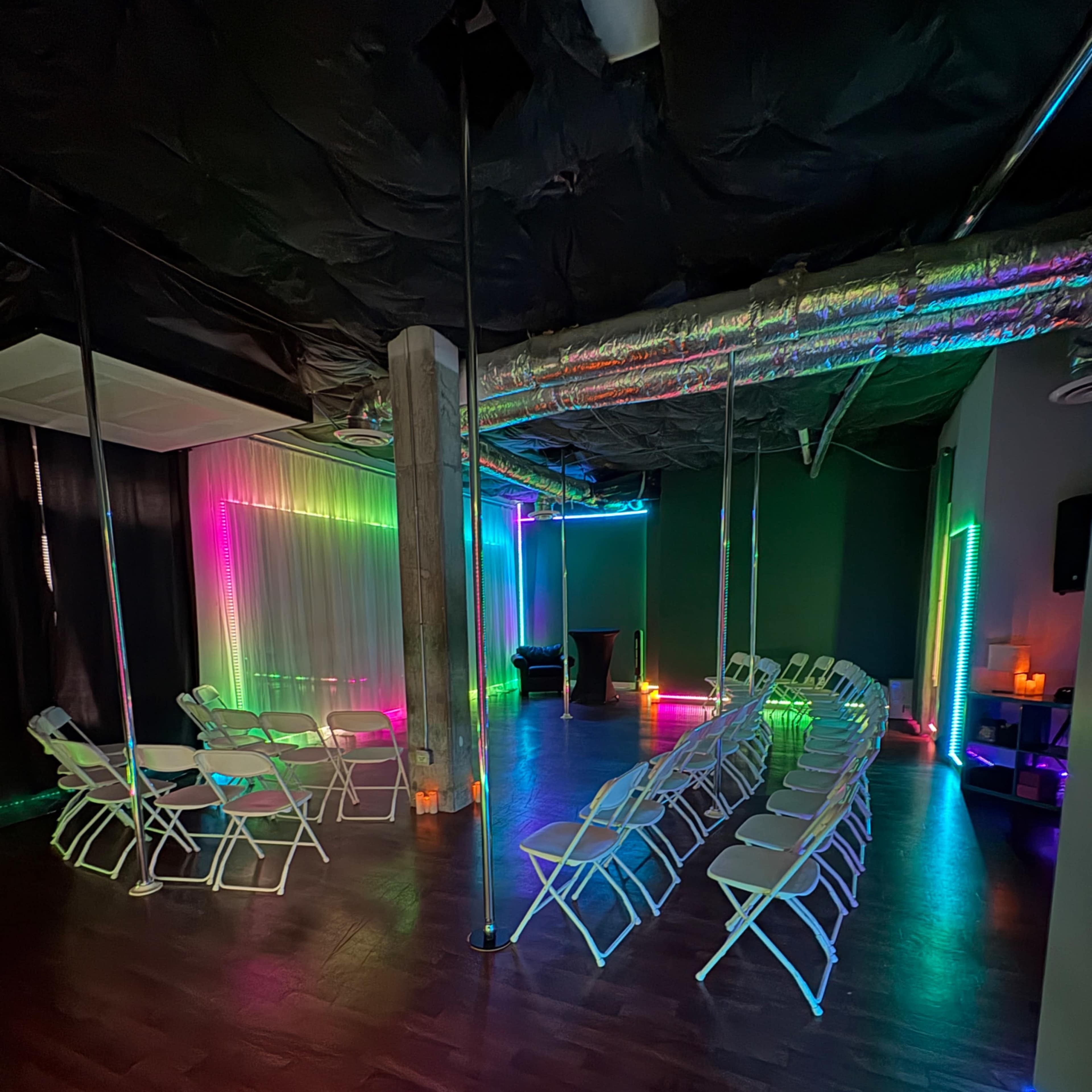 Urban, studio, yoga space, speakeasy, photoshoot, pole dancing. Image in Fremont, Seattle, WA