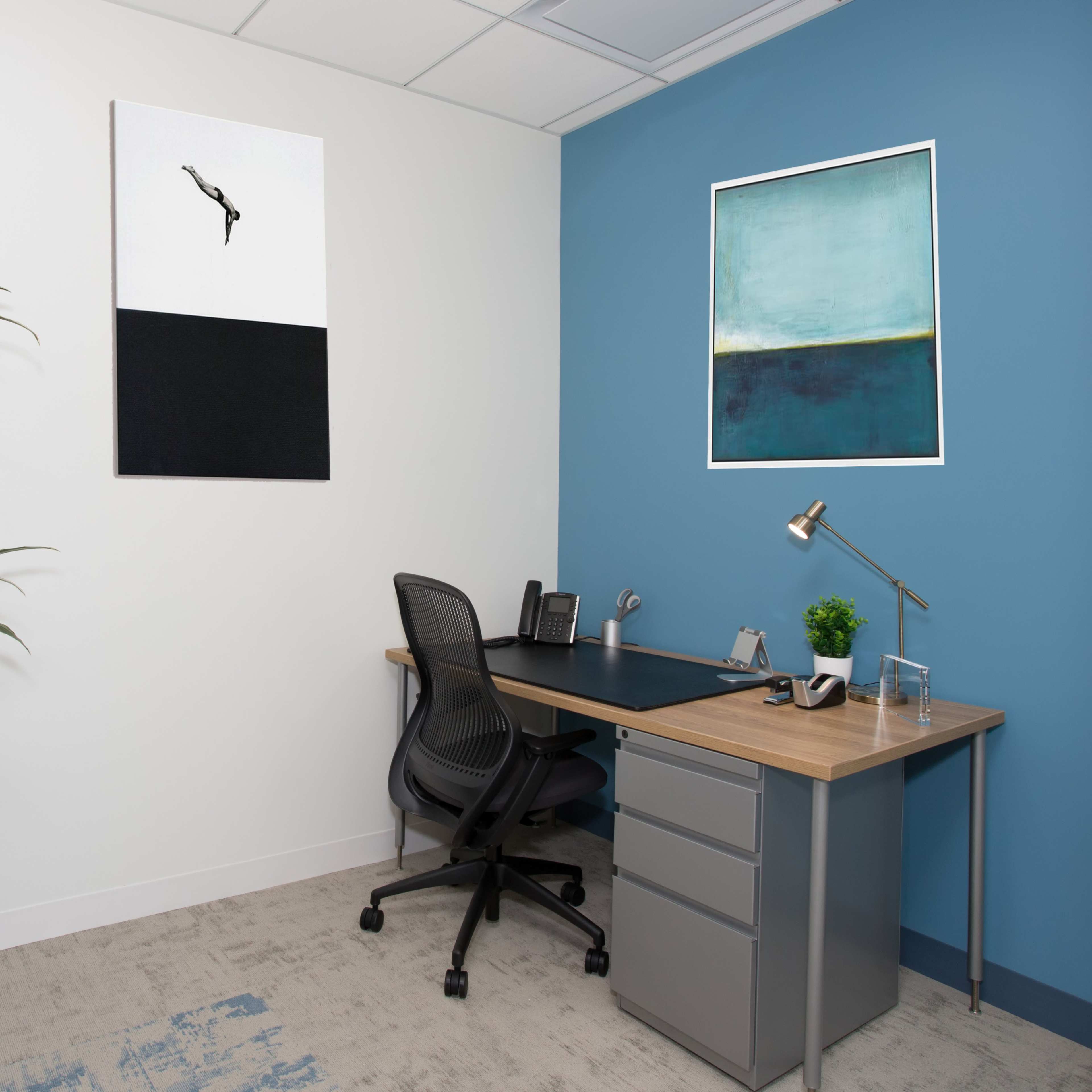 A modern office space featuring a desk, an ergonomic chair, two framed artworks on the walls, and a potted plant in the corner.