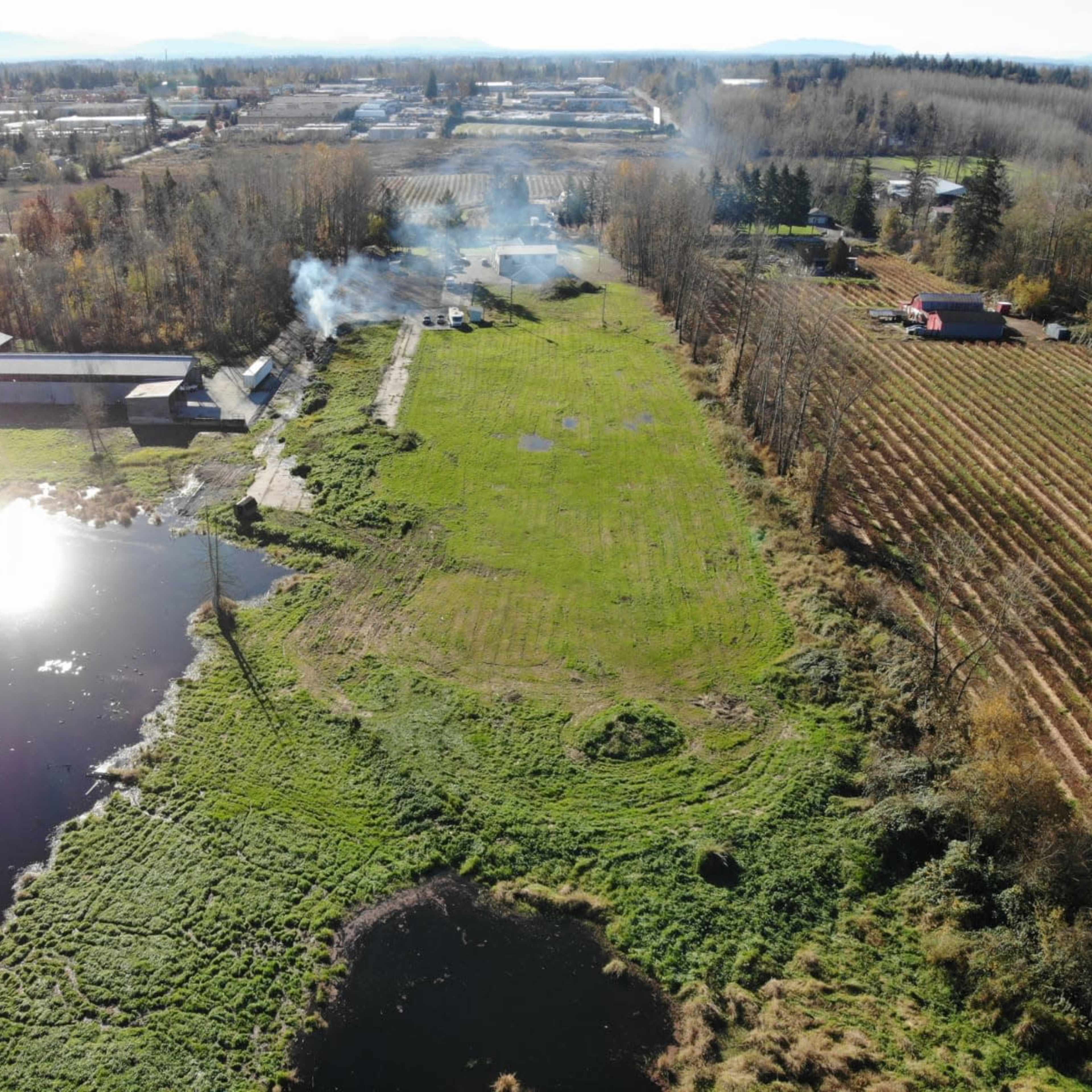 An aerial view captures a rural landscape featuring a pond, scattered buildings, and rows of trees along a field.
