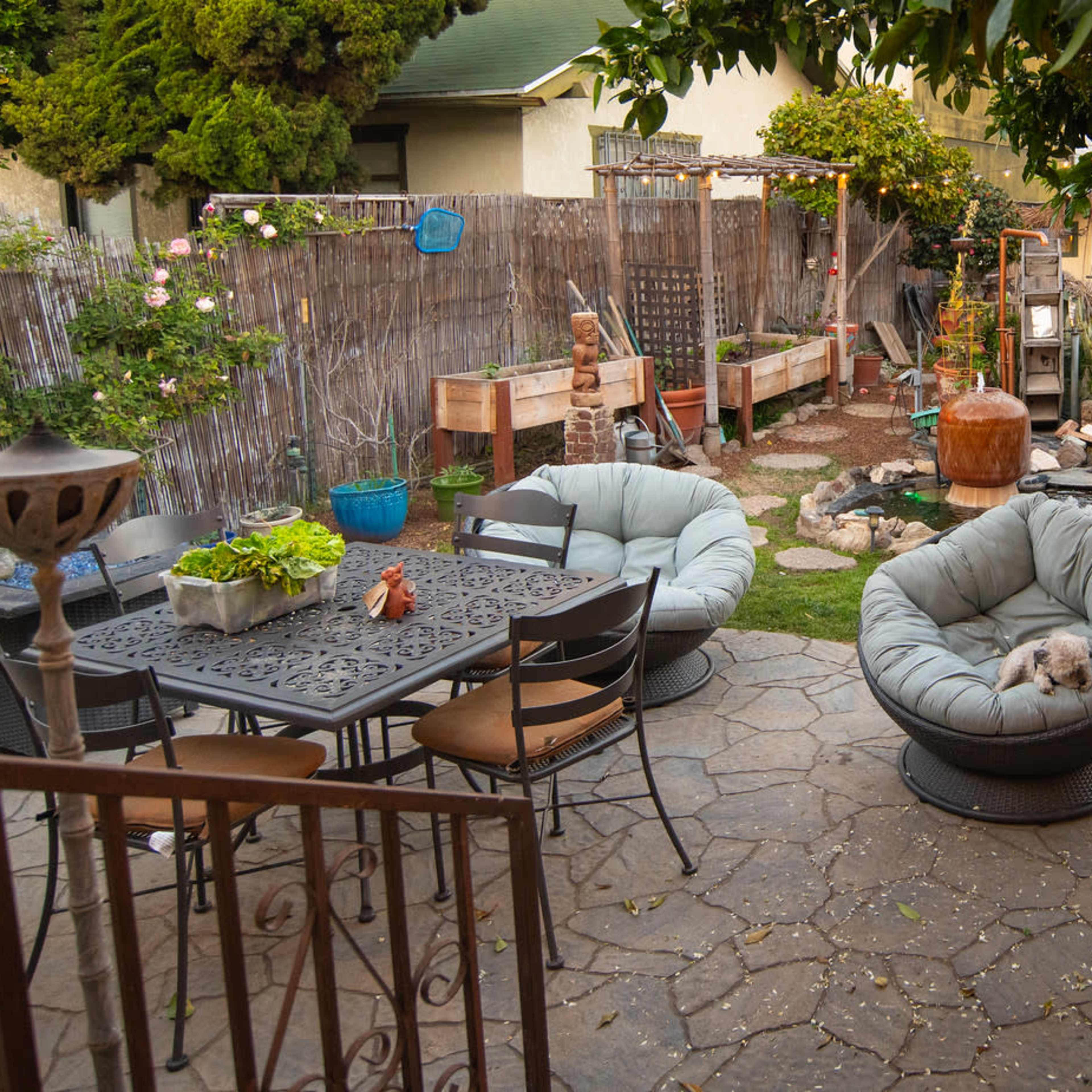 A backyard patio features a round table with chairs, two large cushioned chairs, and a small dog resting nearby, surrounded by garden plants and a pond.