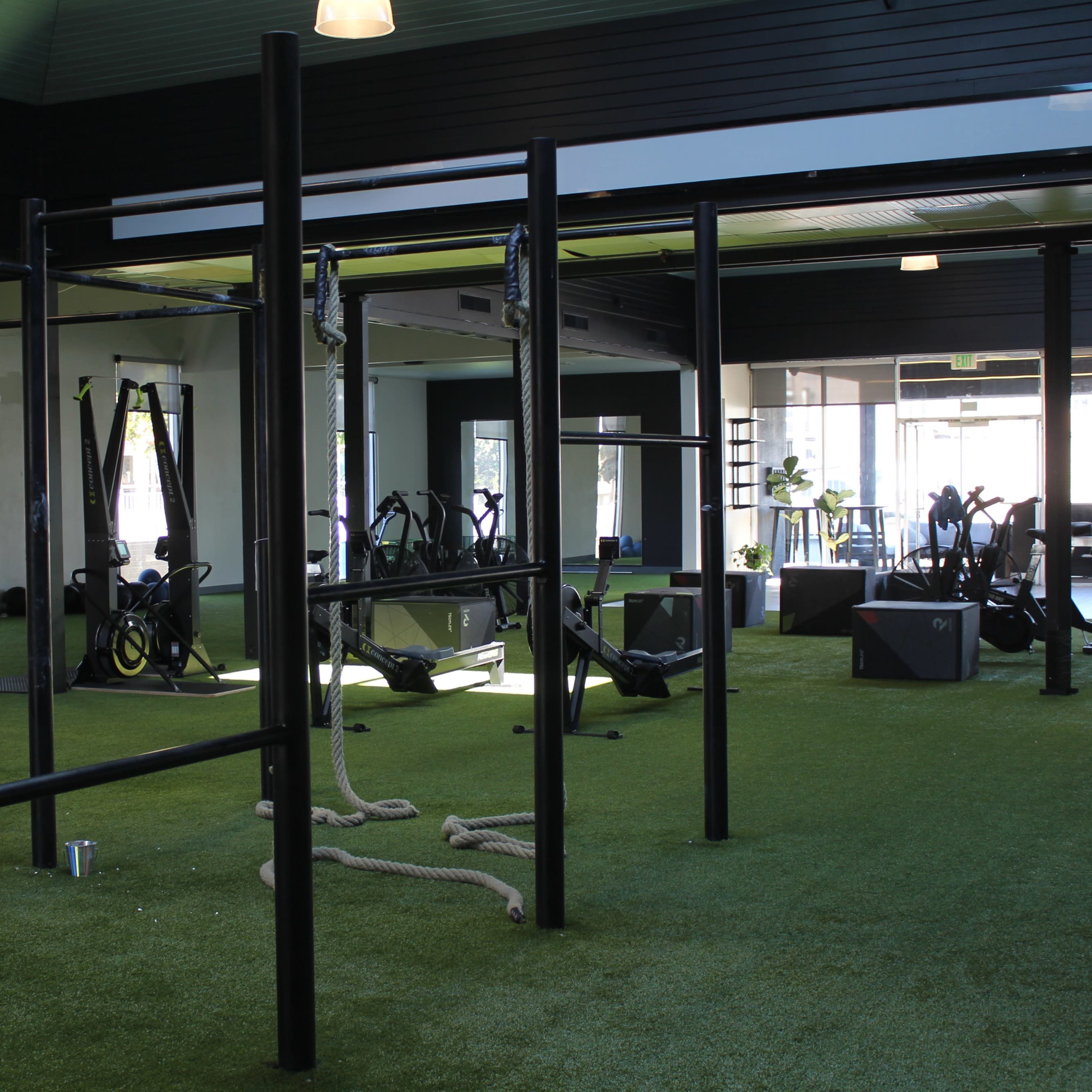 A modern gym interior with exercise equipment arranged on artificial turf, featuring pull-up bars and battle ropes.