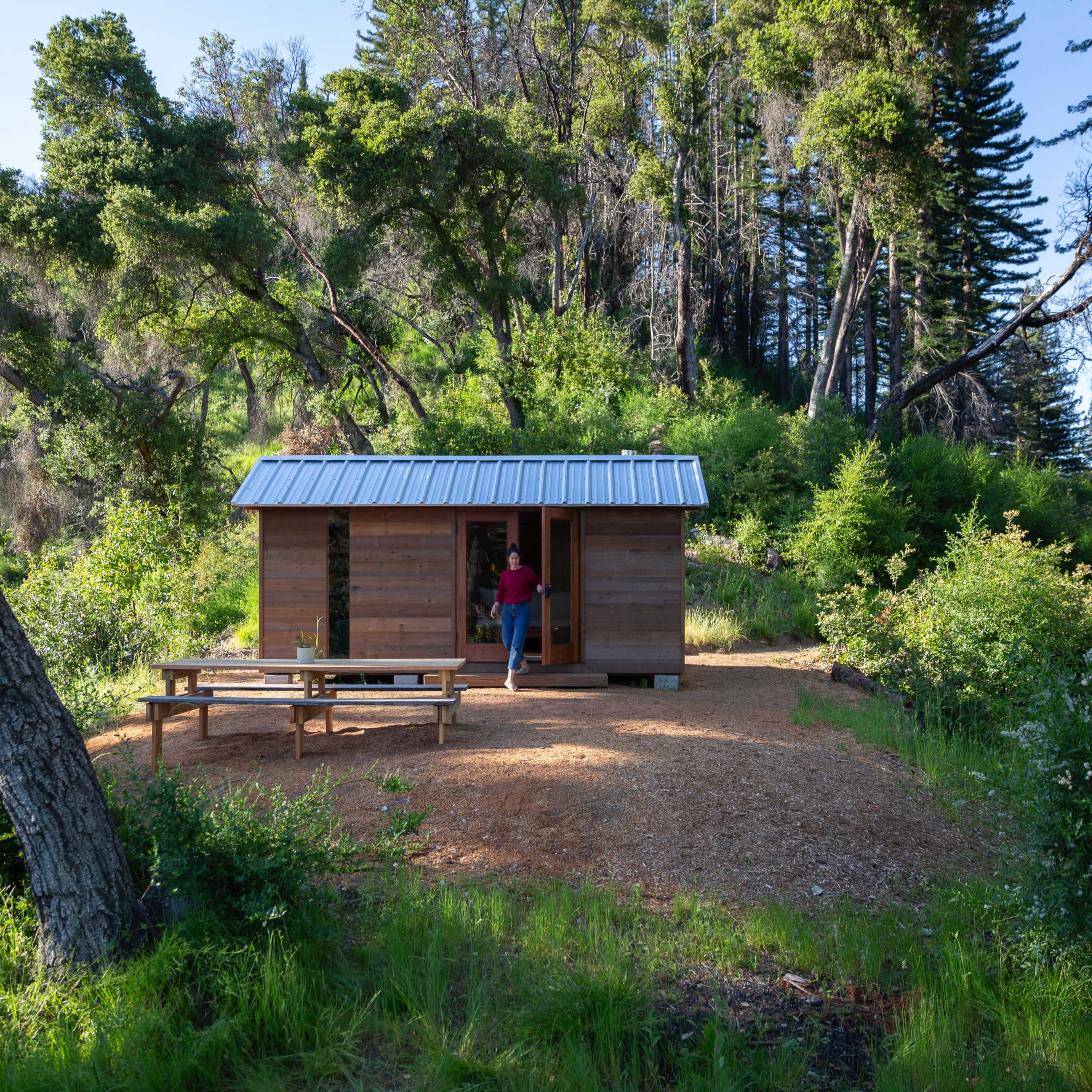 A wooden cabin with a metal roof is set in a forested area, surrounded by trees and greenery, with a person entering it.