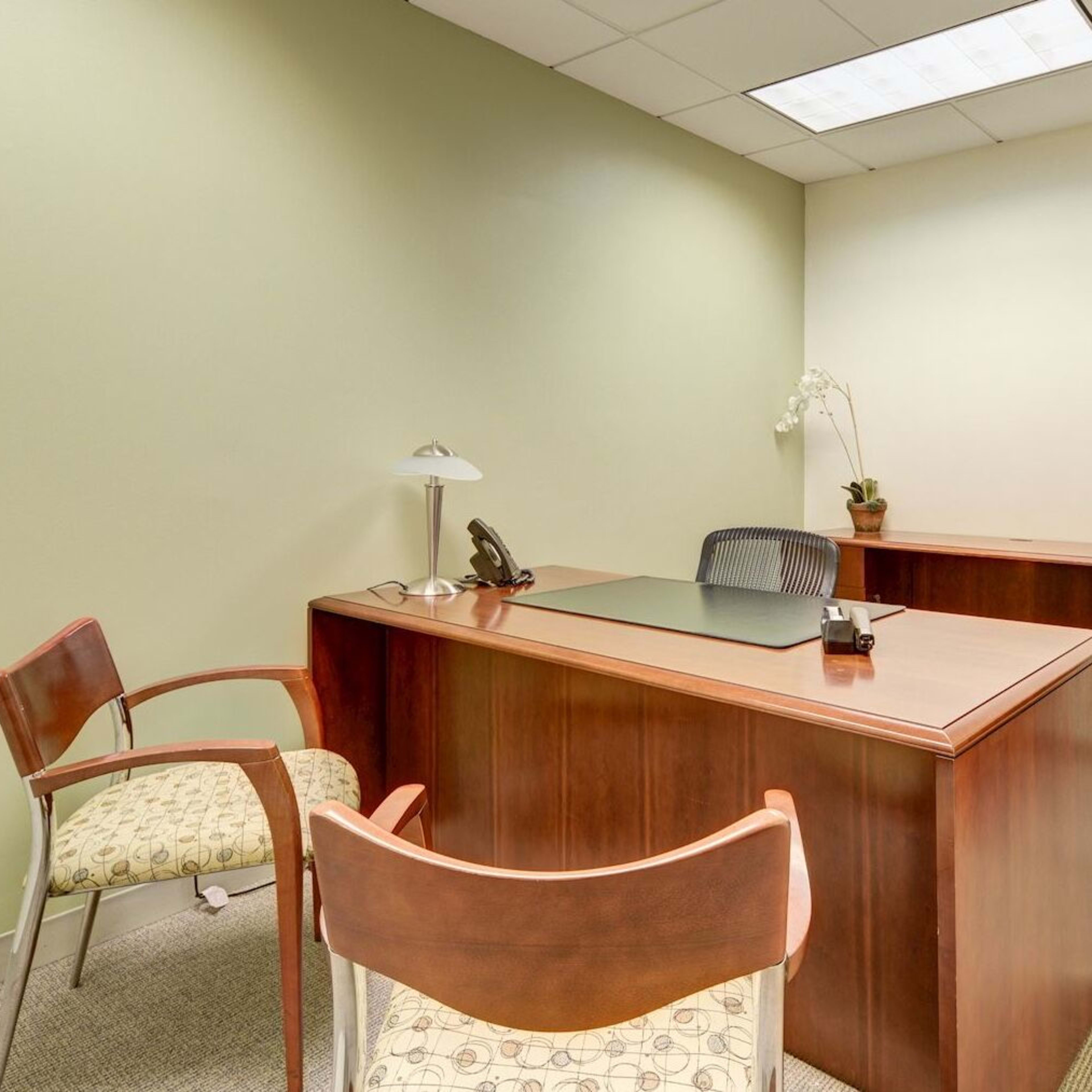 A tidy office space featuring a wooden desk, two chairs, a lamp, and a wall-mounted shelf in a room with green walls.