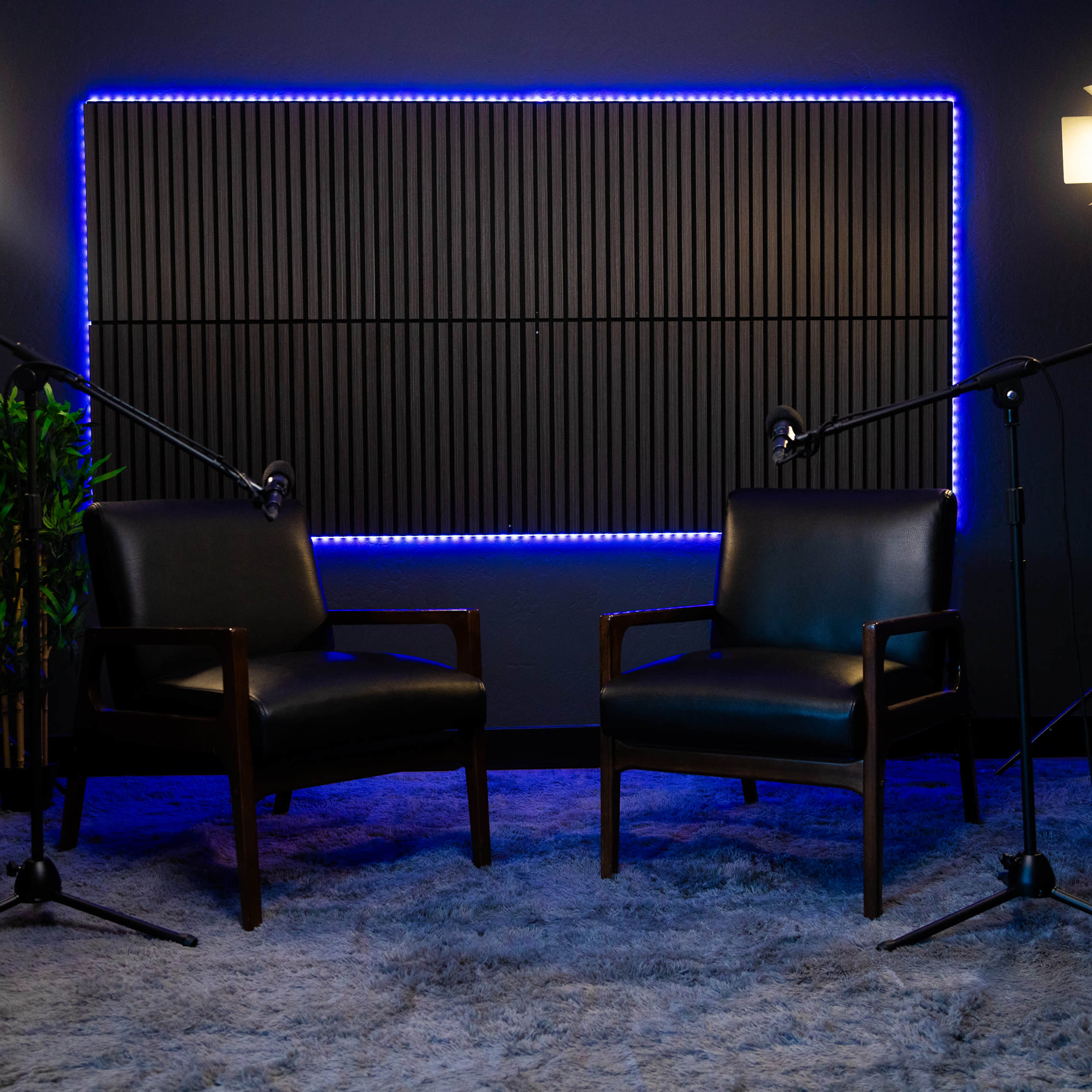A podcast or interview setup features two black chairs under bright lights, with a blue neon backdrop and a potted plant in the corner.