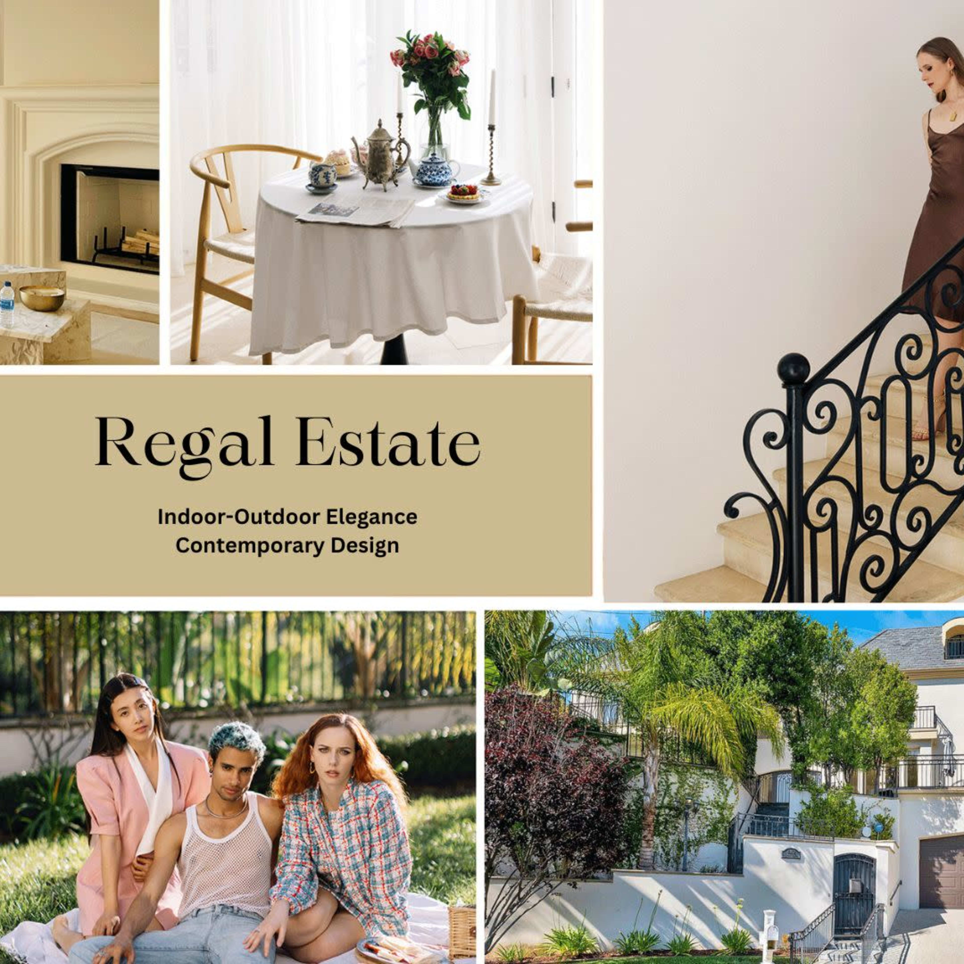 A collage showcasing various interior and exterior areas of a stylish property, including a living room, dining area, staircase, and outdoor space.