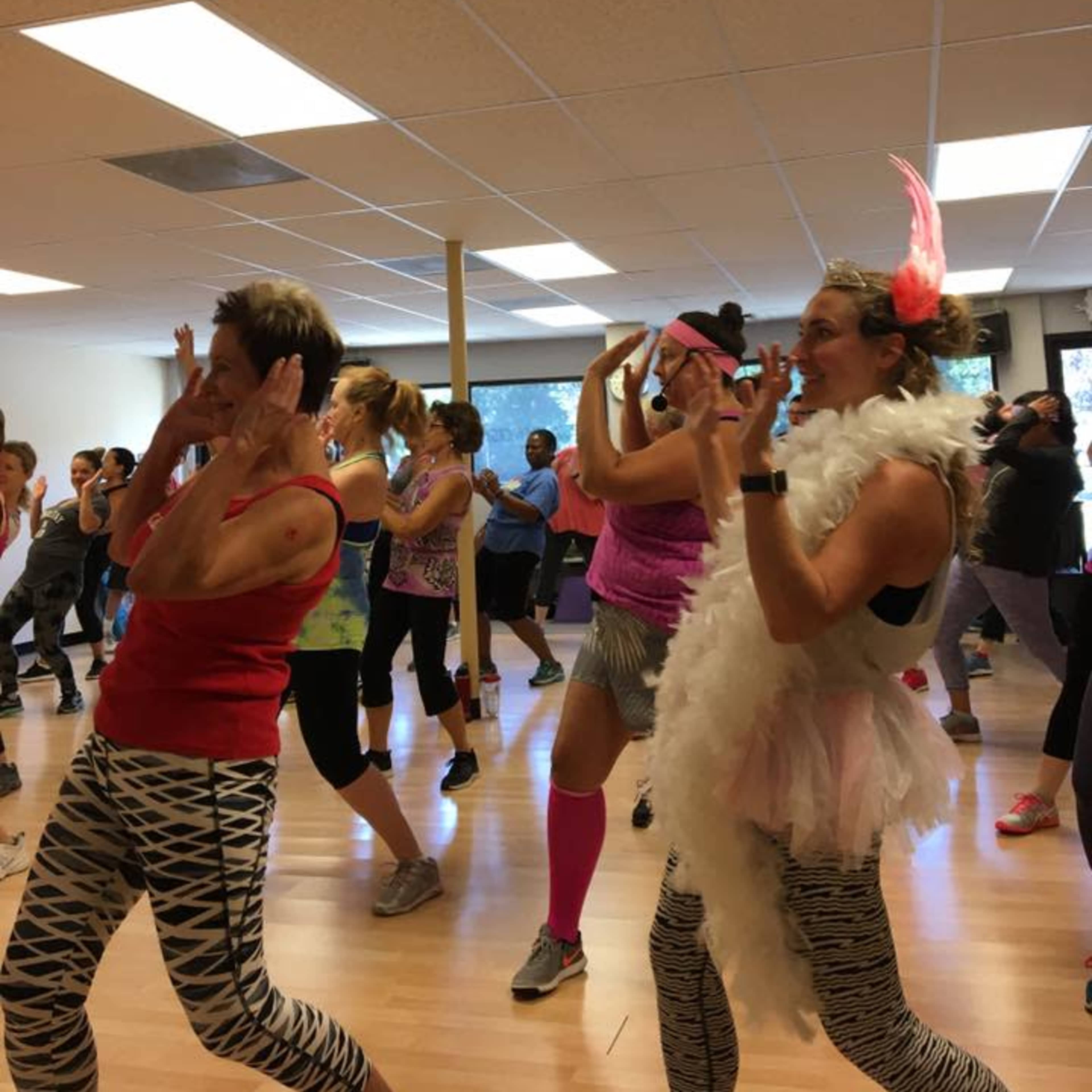 A group of individuals participates in a lively dance class, wearing colorful workout attire and engaging in synchronized movements.