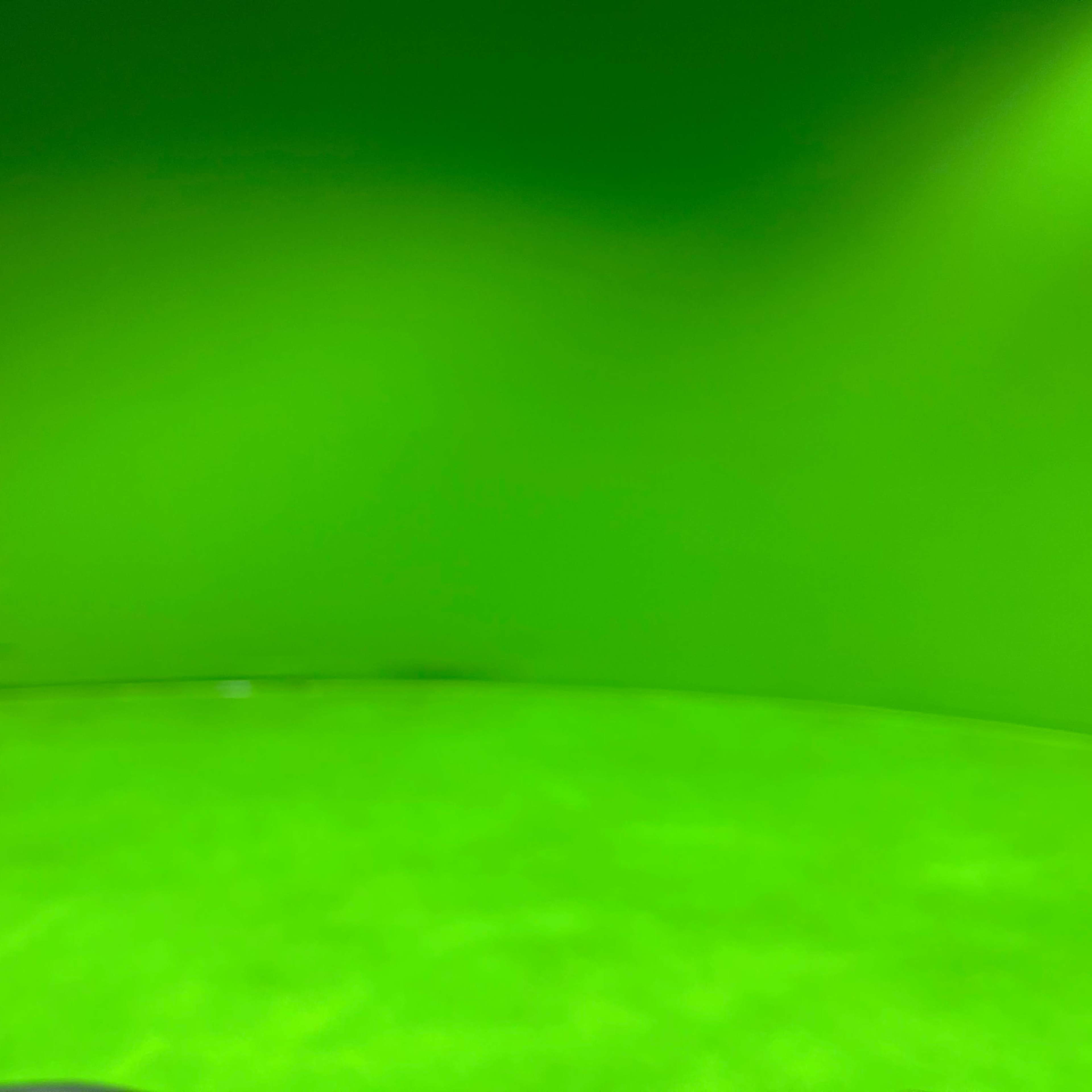 A bright green backdrop in a curved setting.
