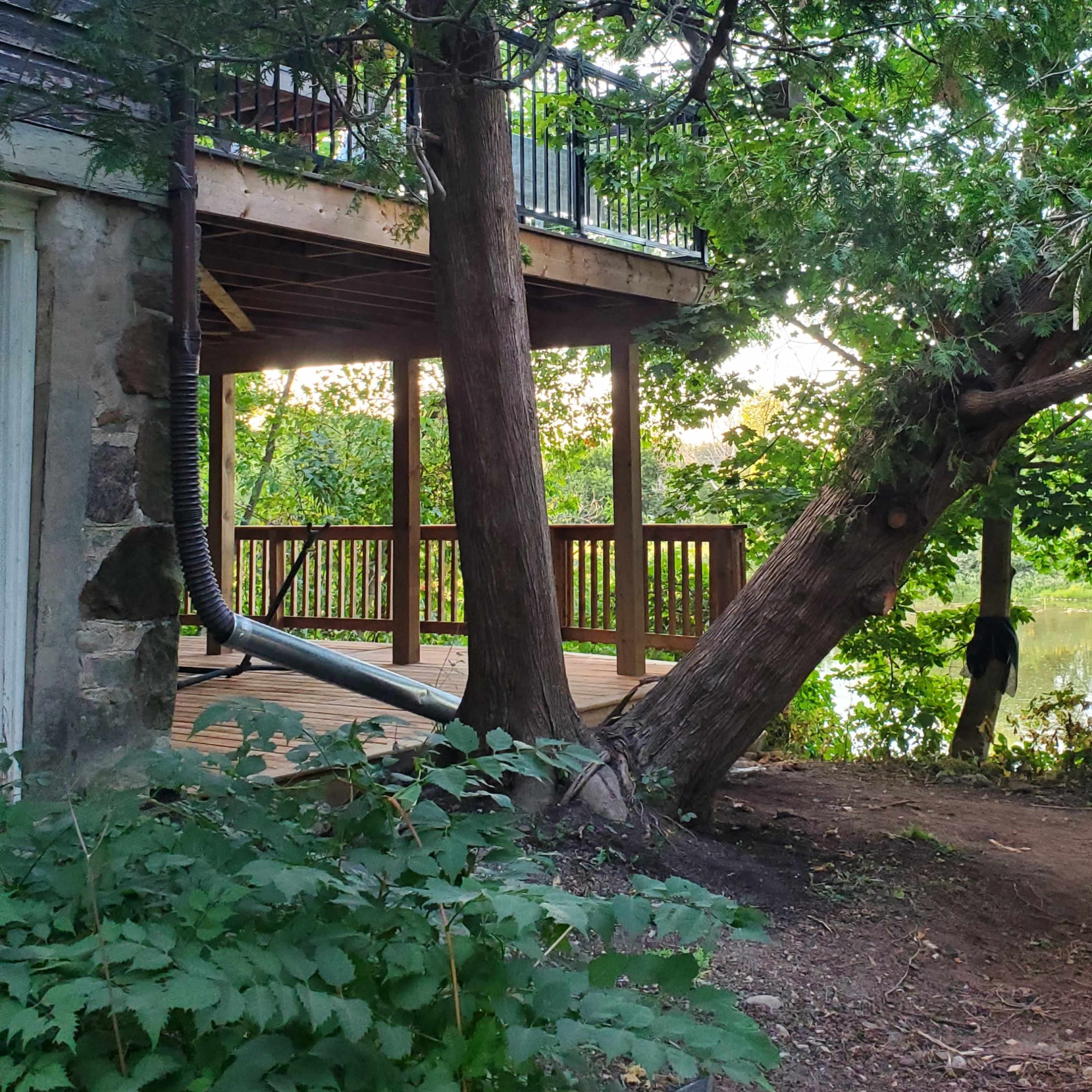 A wooded area with a two-story structure features a balcony overlooking a small body of water, framed by trees and foliage.