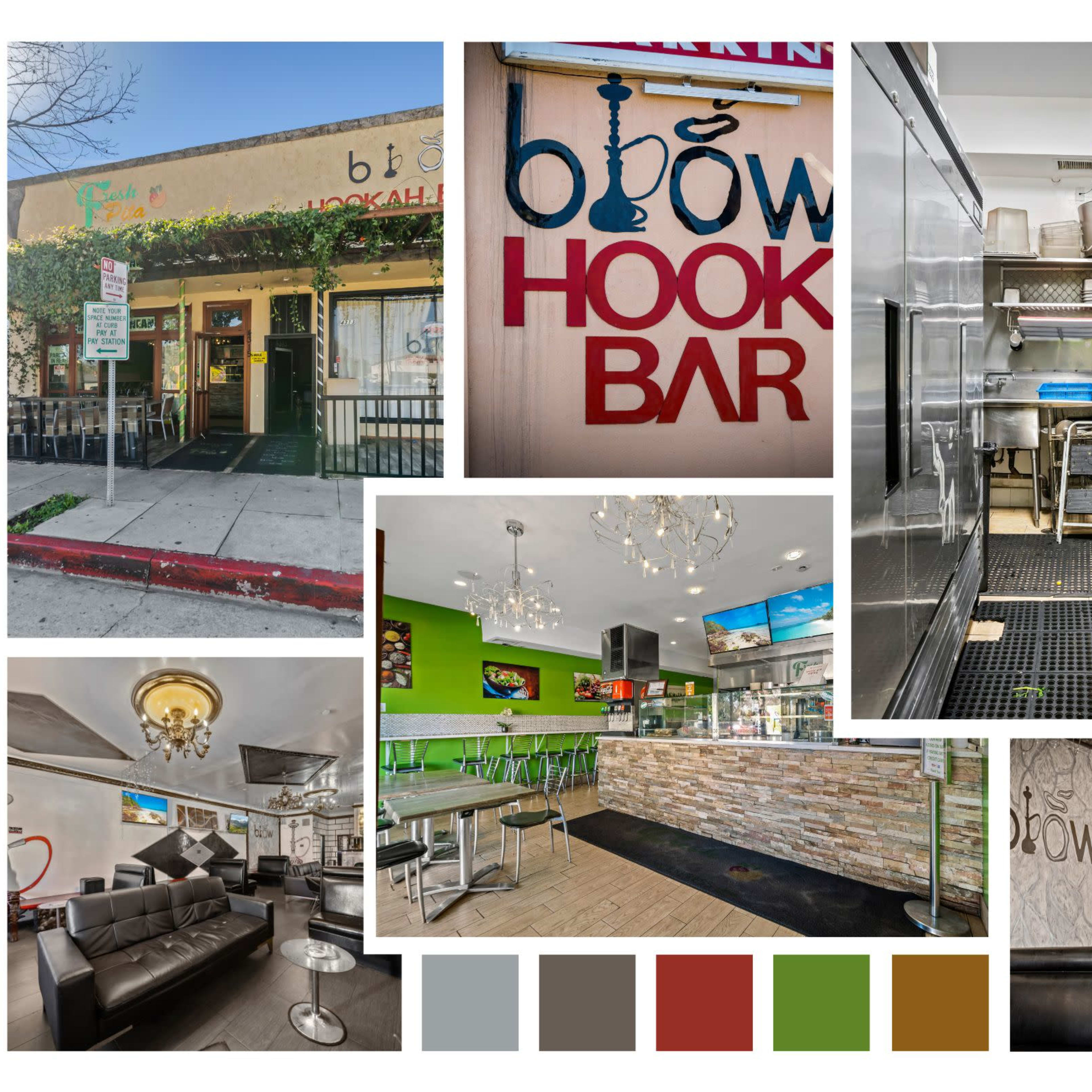 A variety of views from a hookah bar, including its exterior sign, kitchen area, seating space, and decor elements.
