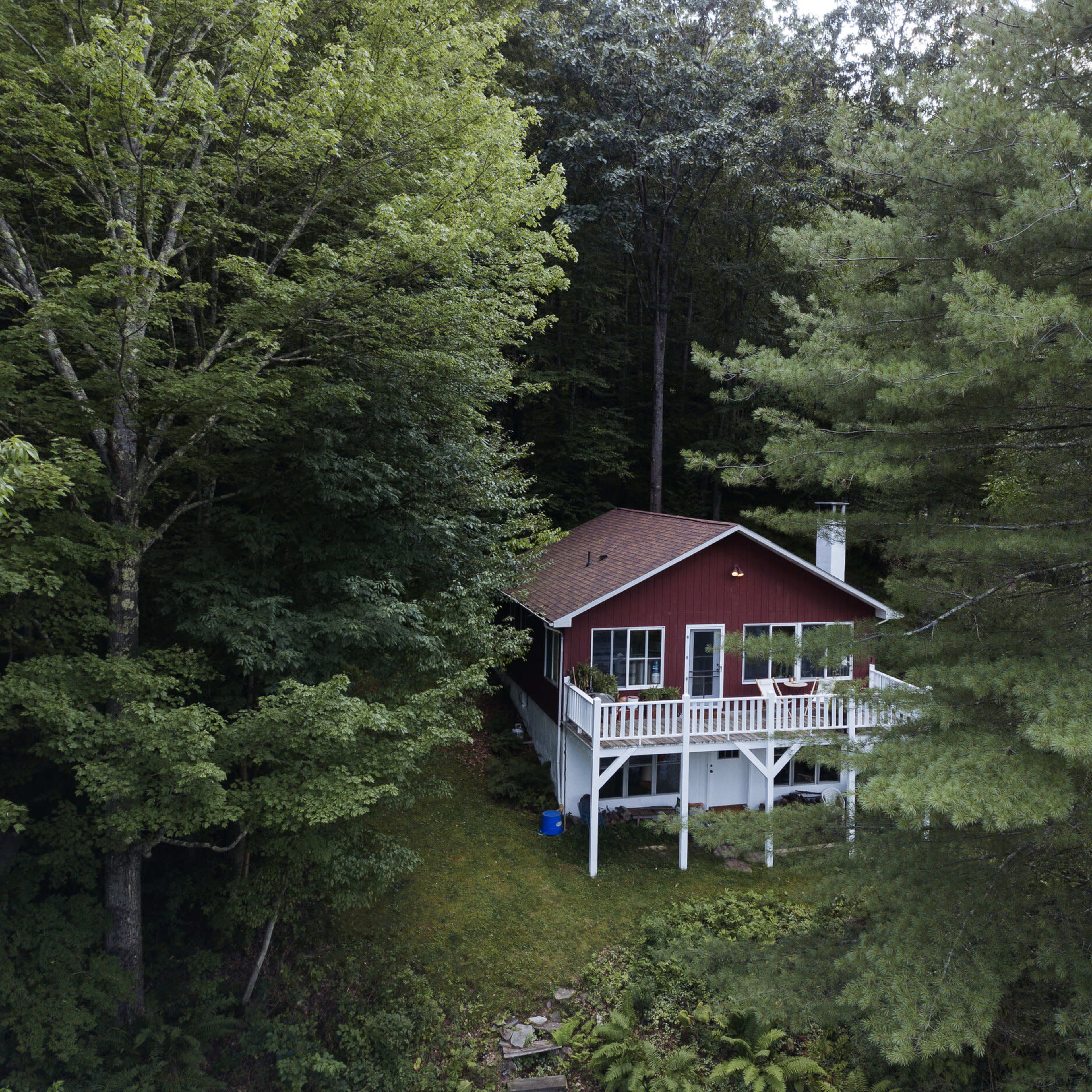 A small red cabin is nestled among dense trees, featuring a white deck and surrounded by greenery.