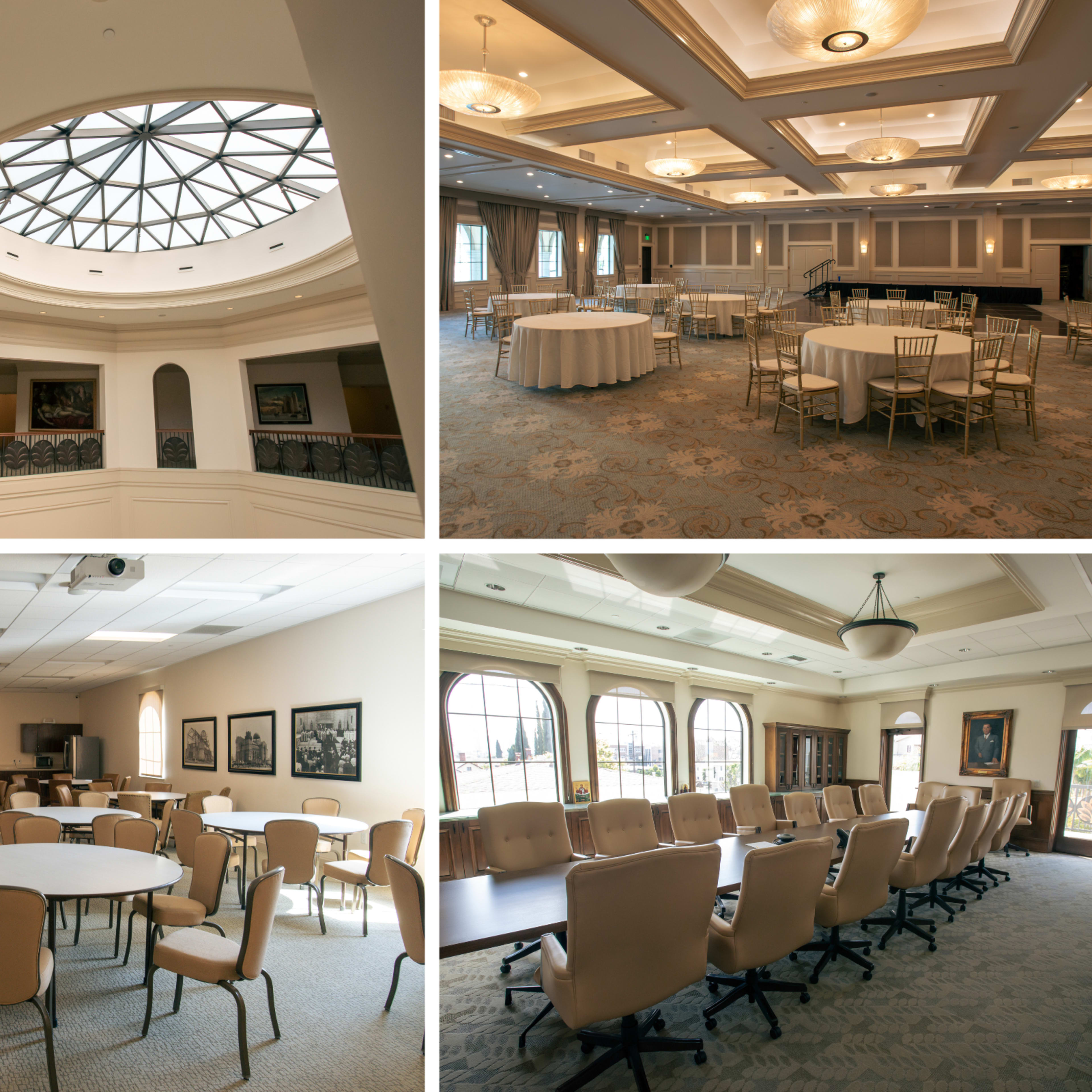 Four different views of a venue, showcasing meeting and event spaces, including a room with round tables, a spacious hall with chandeliers, a conference room with a projector, and a dining area with large windows.