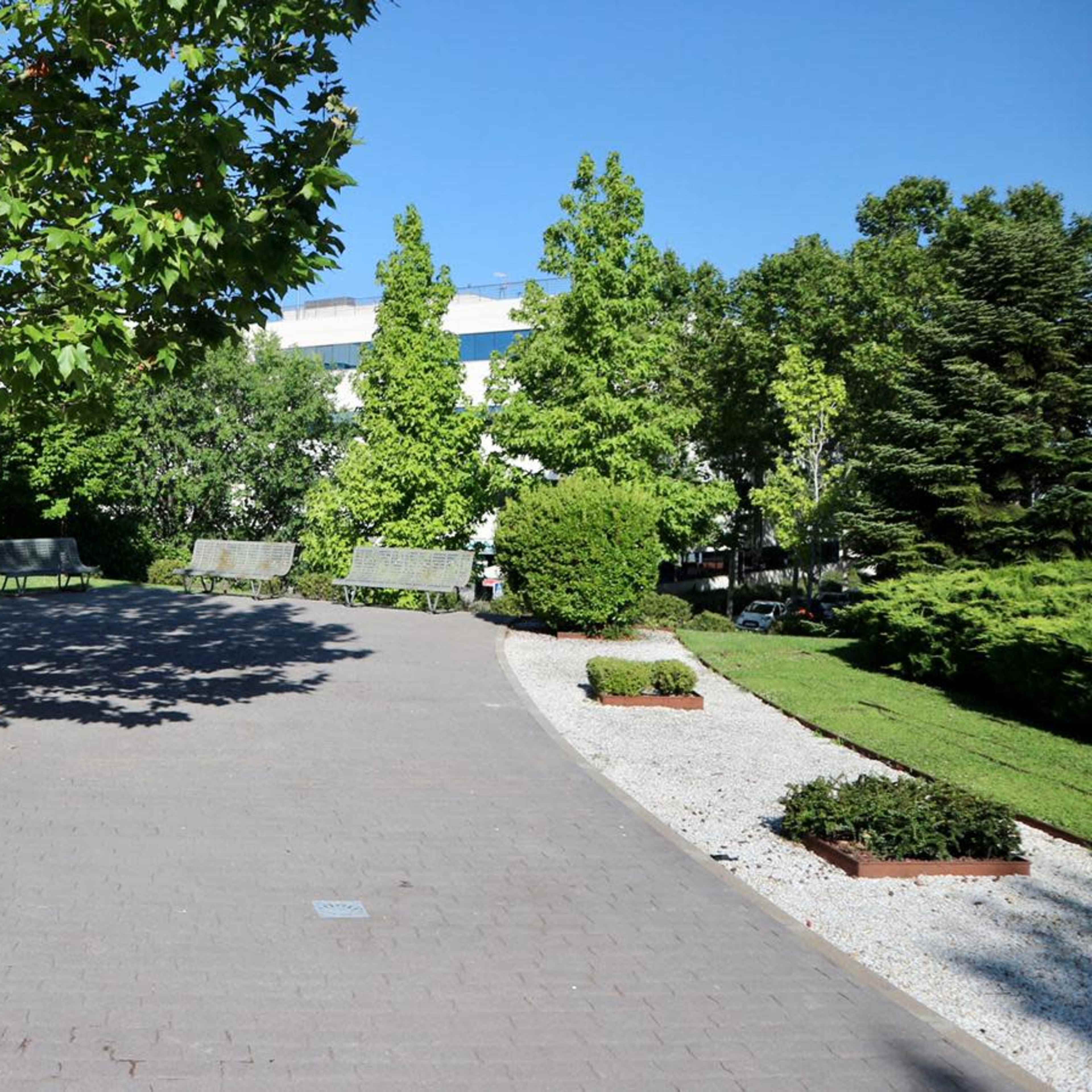 A path leads through a landscaped park with trees and benches on either side.