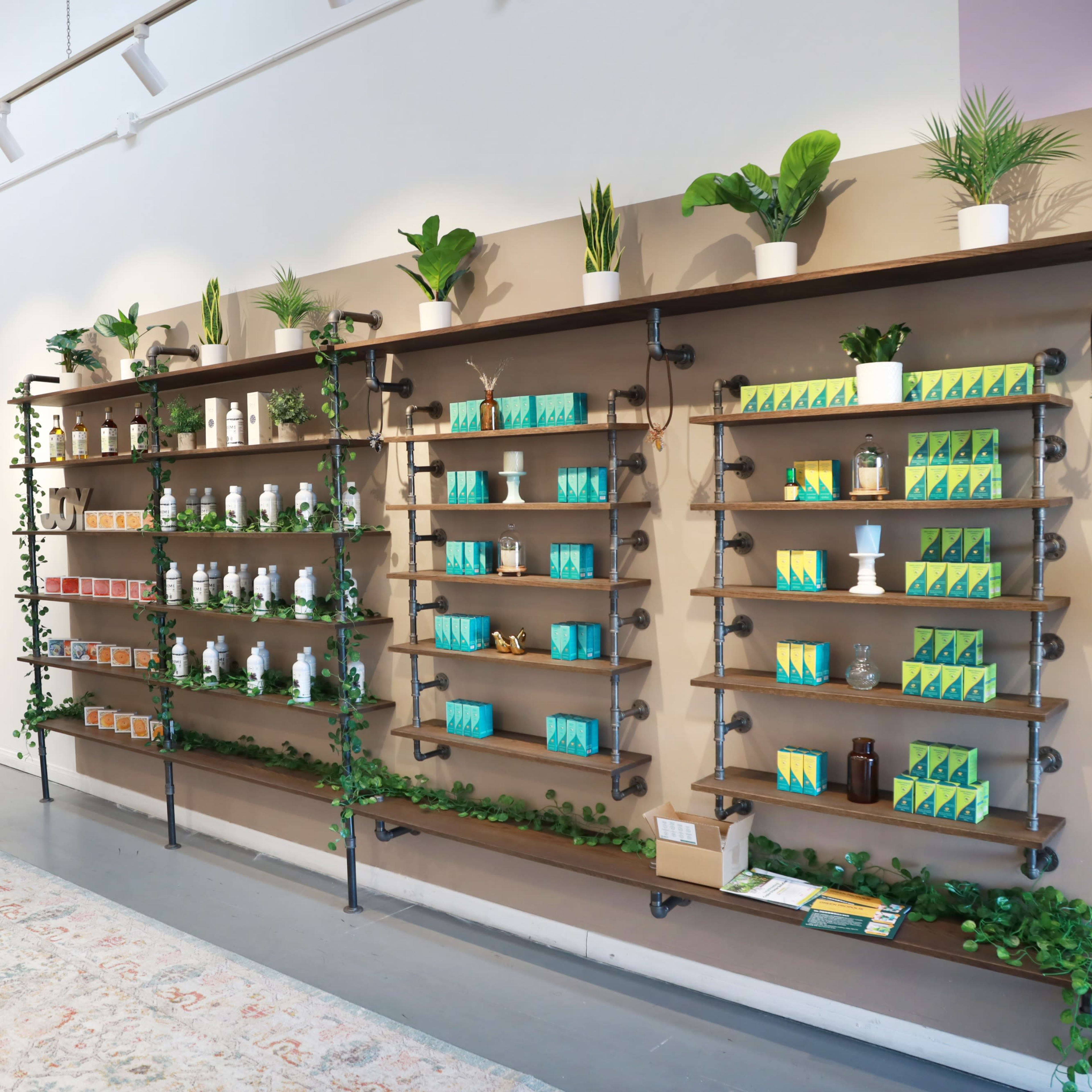 A well-organized store interior featuring shelves filled with various skincare products and decorative plants against a light-colored wall.