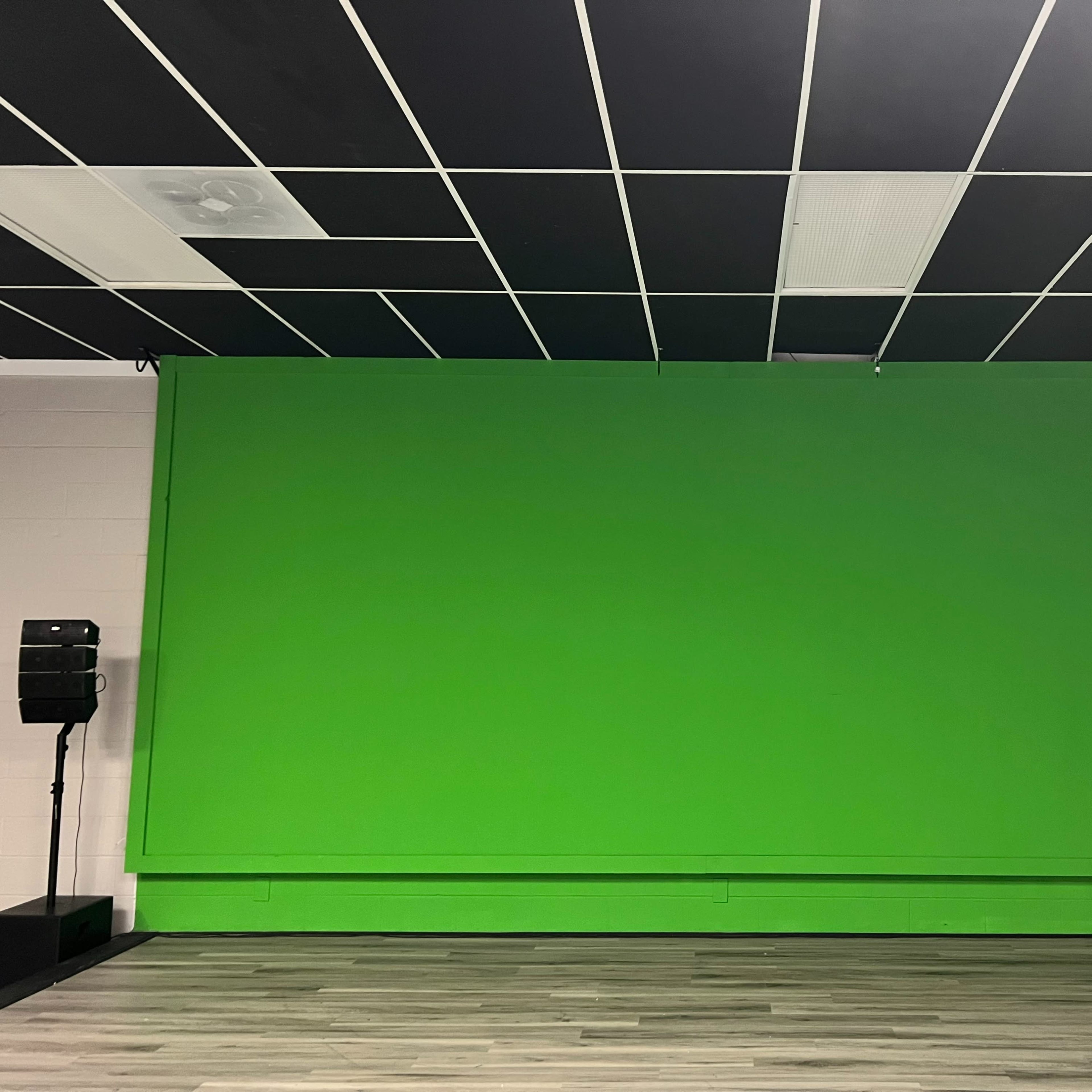 A green backdrop on a wall in a room with black and white ceiling tiles and speakers on either side.