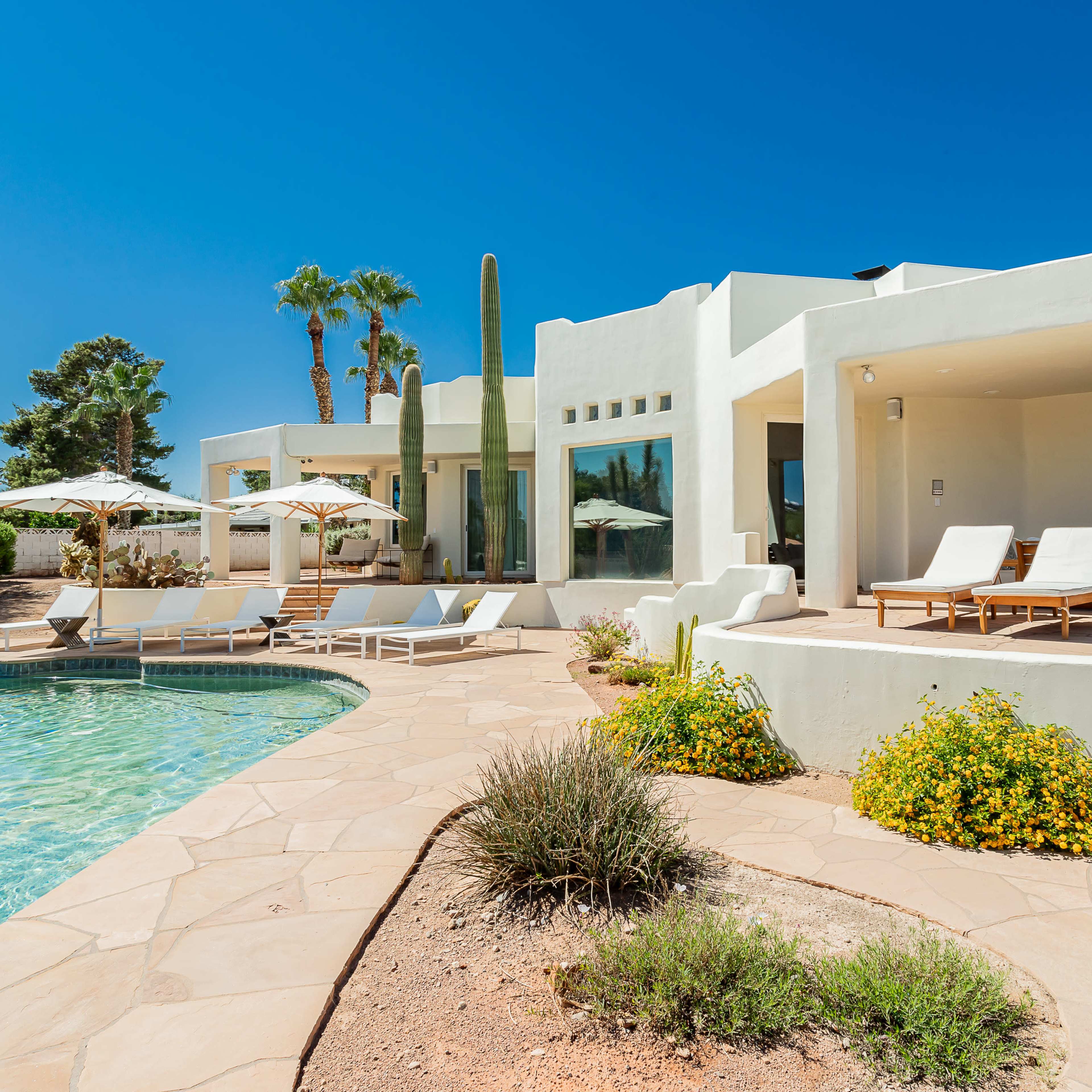 A modern, single-story villa with a pool and lounge chairs is surrounded by palm trees and desert landscaping.