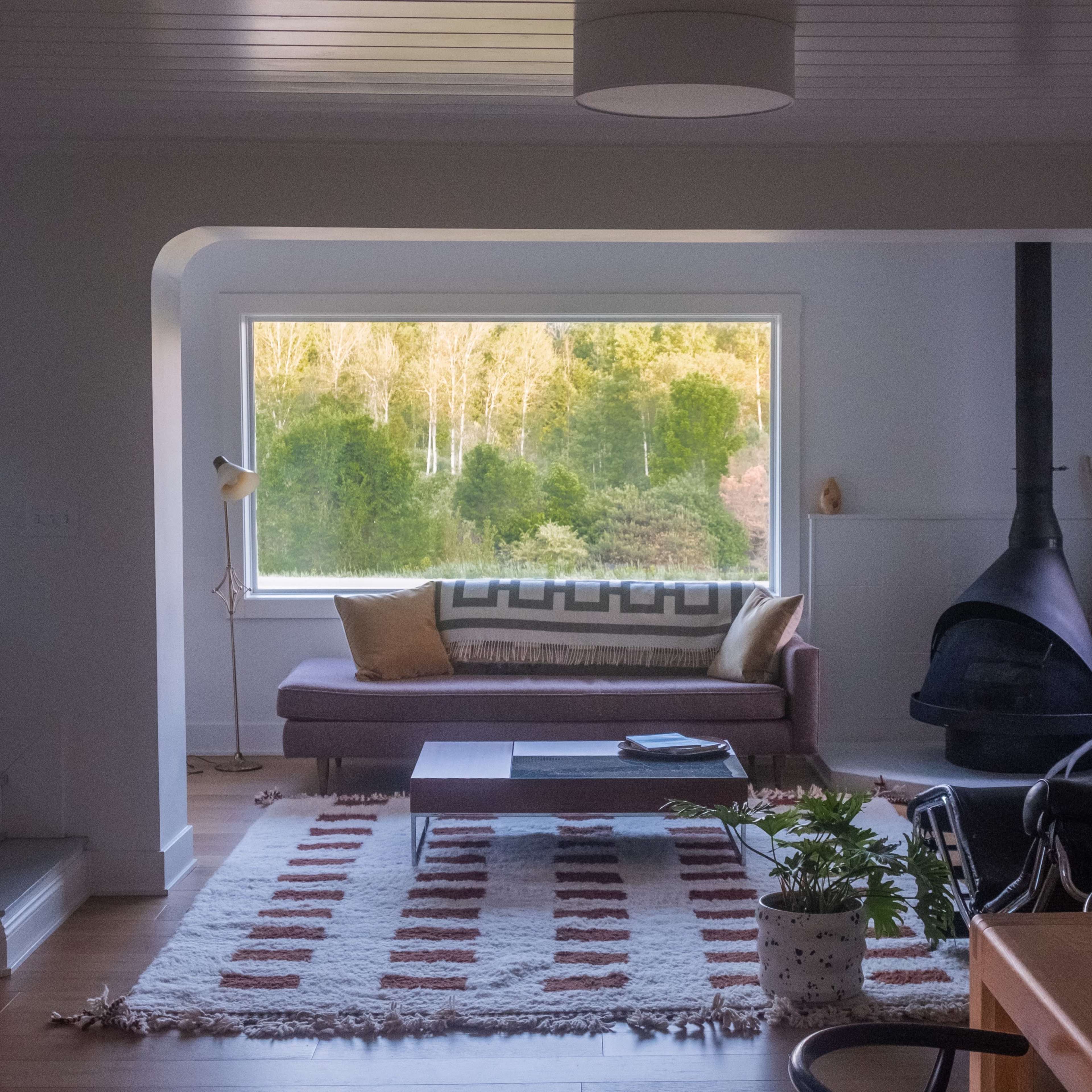 A living room with a large window overlooking a wooded area, a brown sofa, a coffee table, and a black fireplace.