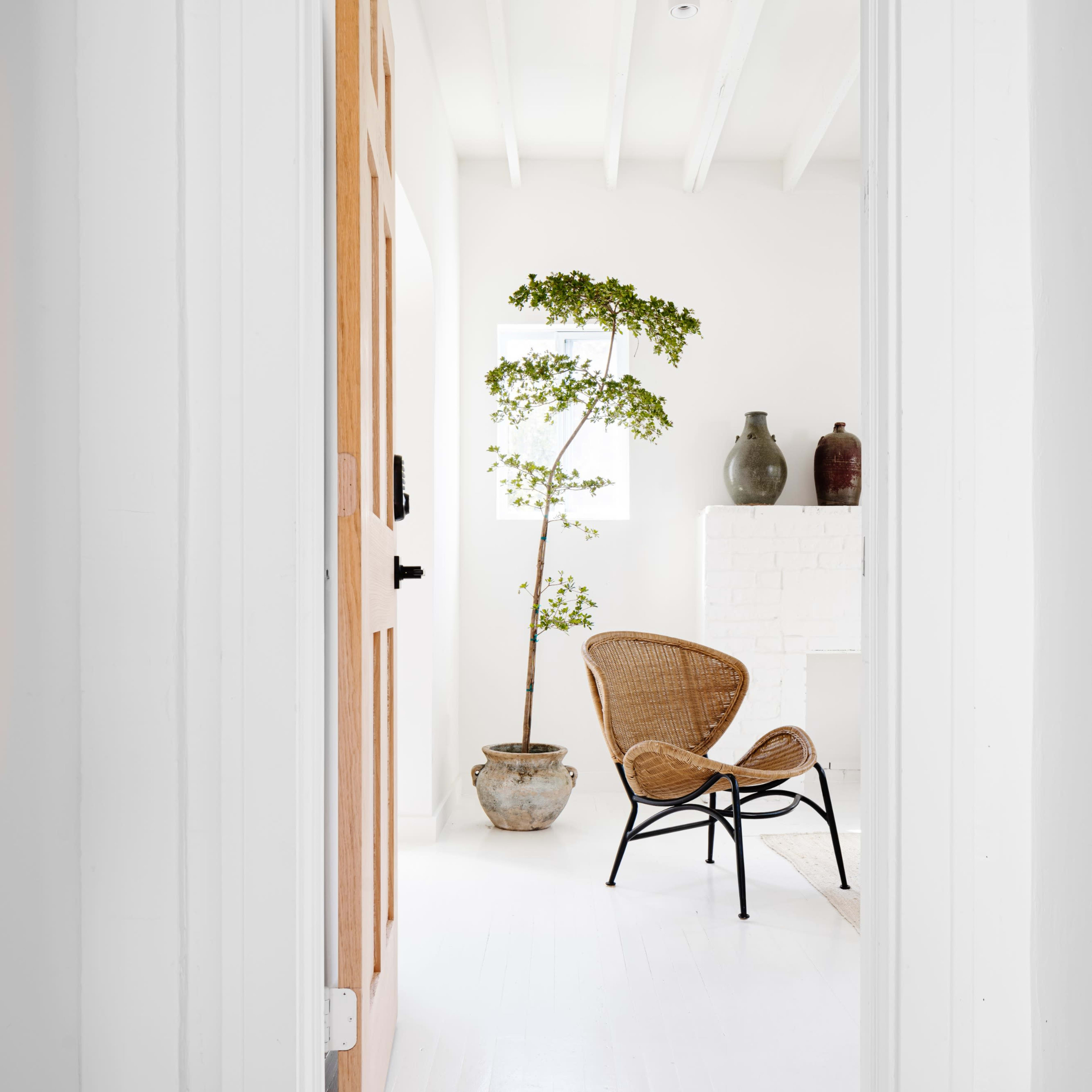 A wooden door opens to a bright room featuring a chair, a potted plant, and two decorative vases.