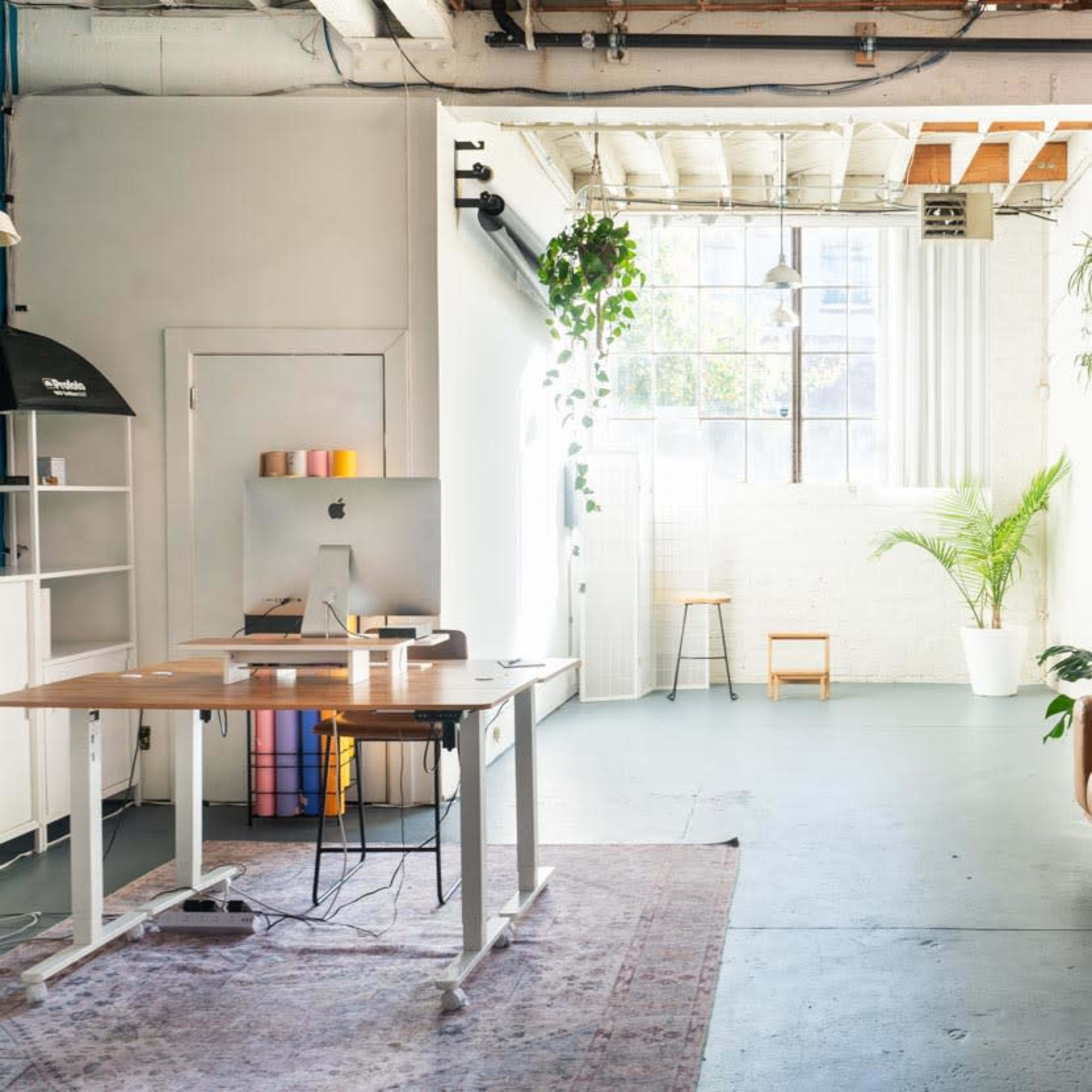 A bright, open workspace featuring a wooden desk with a computer, a brown leather couch, and plants in several areas against white walls and large windows.
