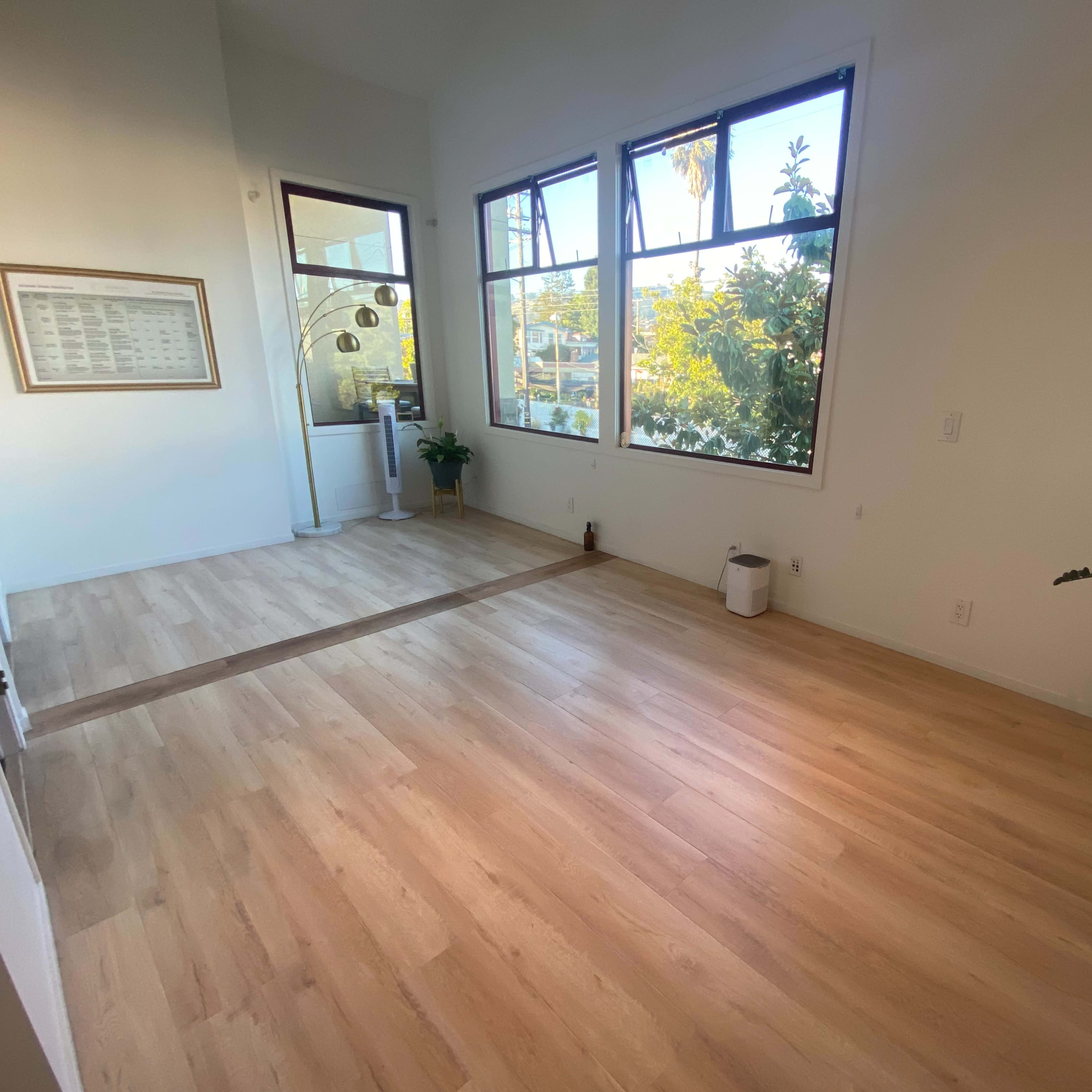 A spacious, well-lit room with hardwood floors, large windows, and a few potted plants.