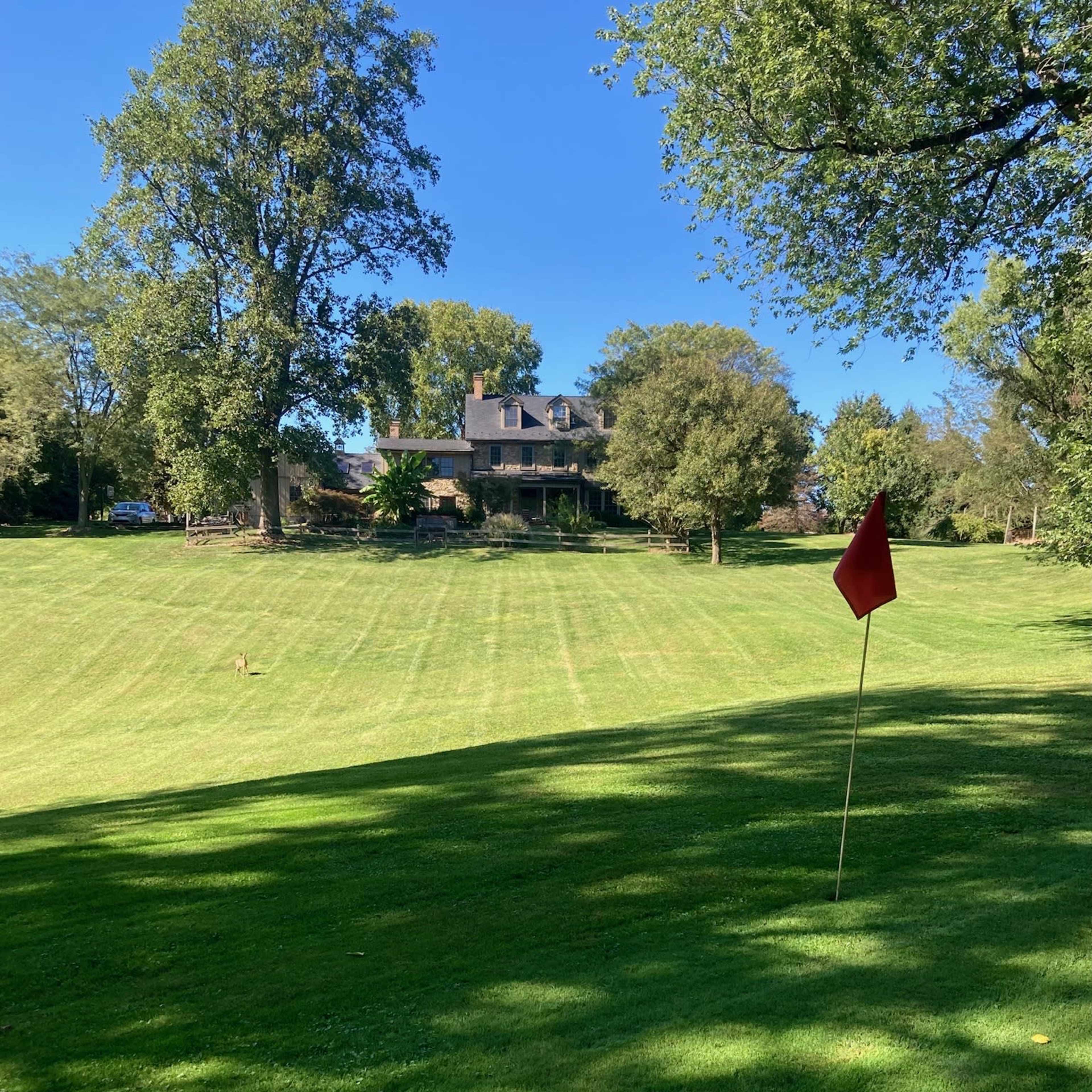 A red flag is located in the foreground of a manicured lawn, leading up to a large house surrounded by trees in the background.