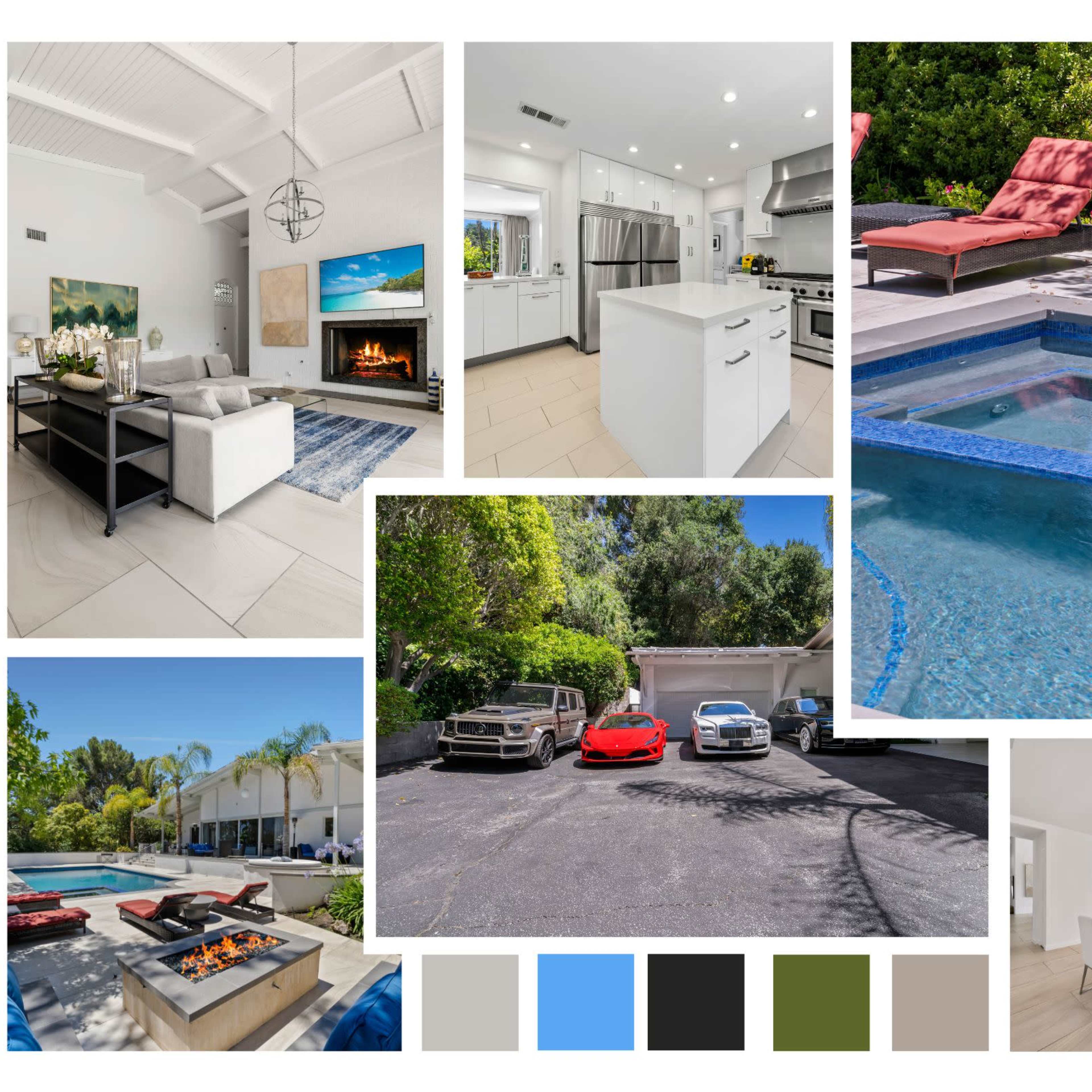 A collage showcasing a modern home interior with a living room, kitchen, and dining area, alongside an outdoor pool, patio, and parked luxury cars.
