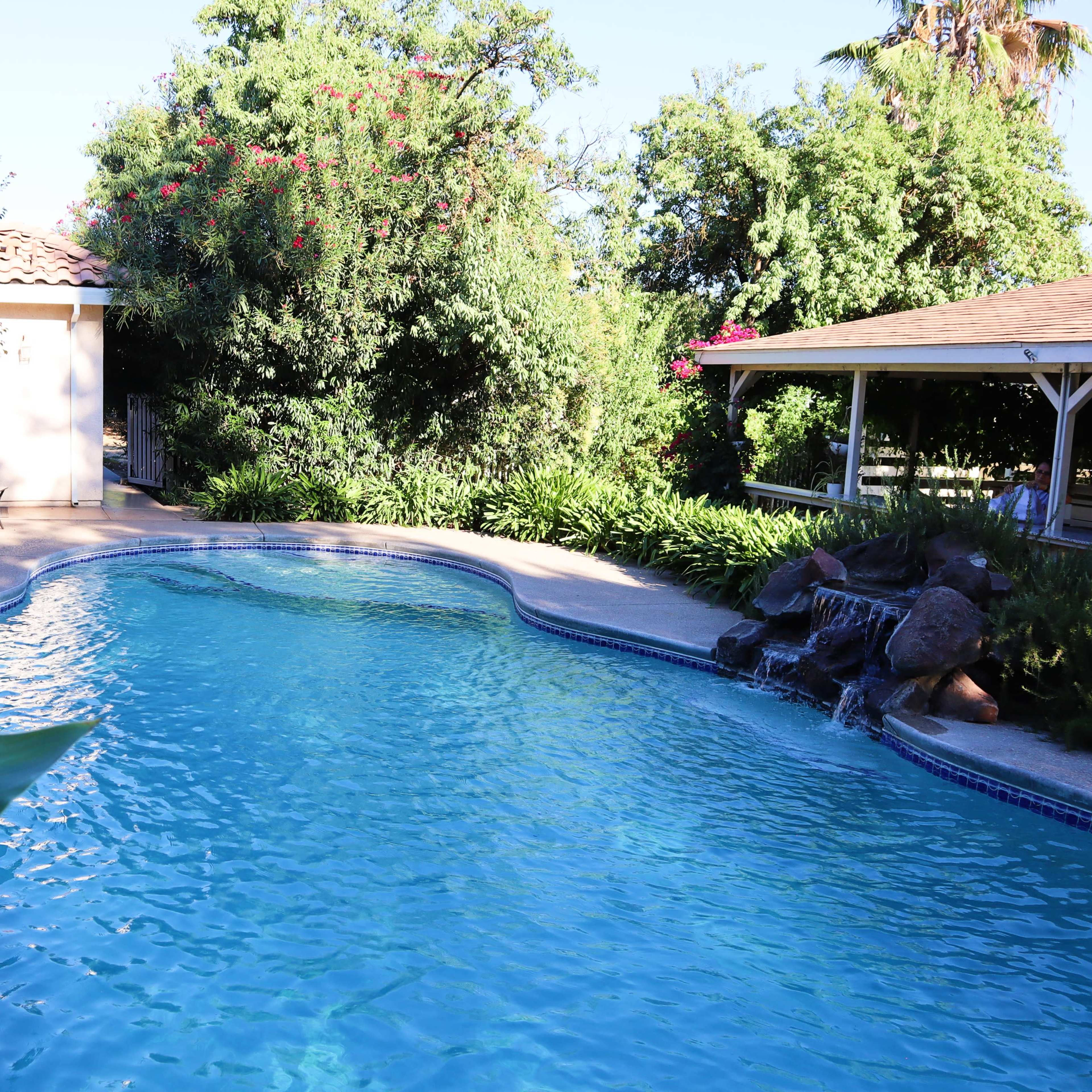 A clear blue swimming pool is surrounded by lush greenery and a stone waterfall, with a patio area and a small building in the background.