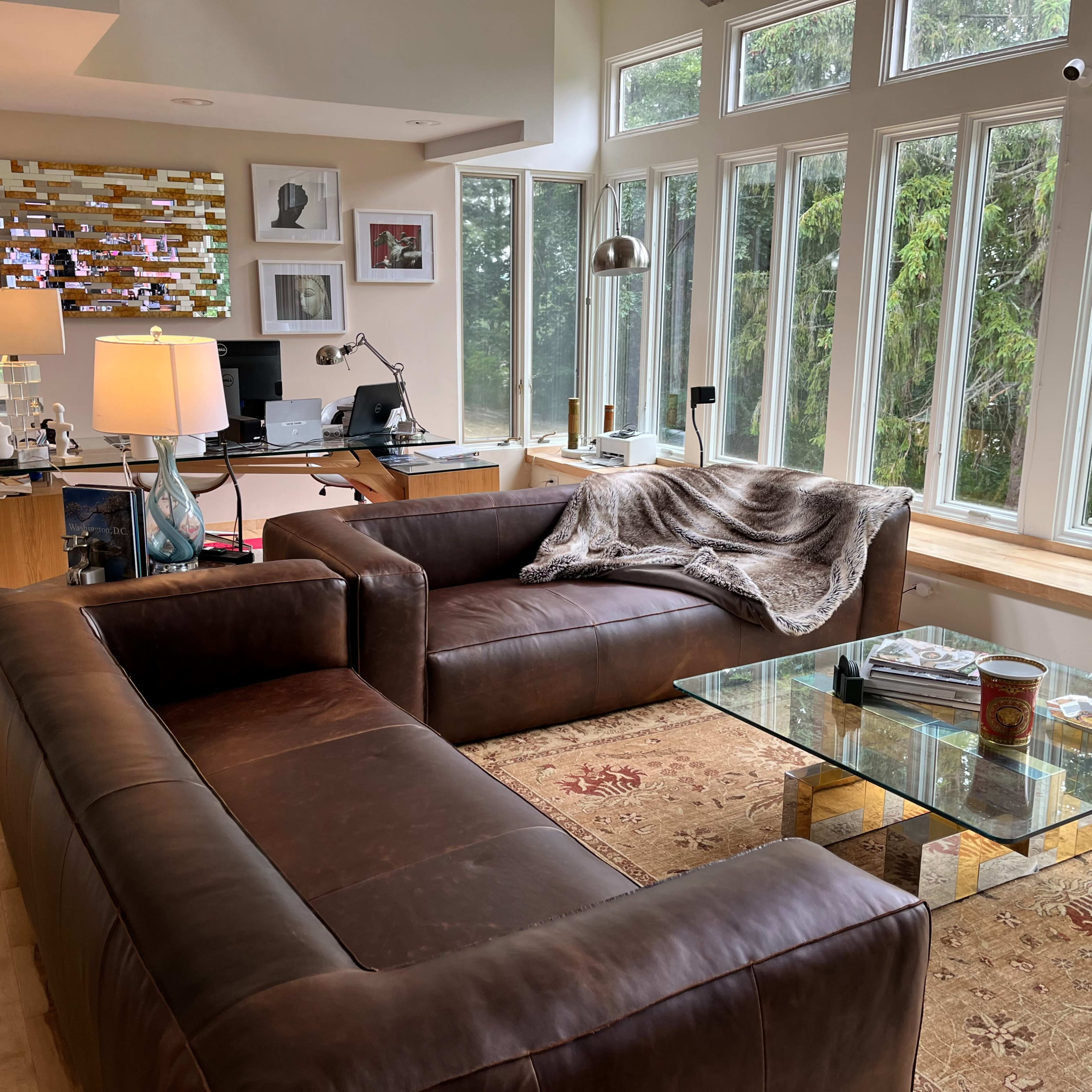 A cozy living room with two brown leather sofas, a glass coffee table, and large windows overlooking greenery, along with a desk area and decorative art on the walls.