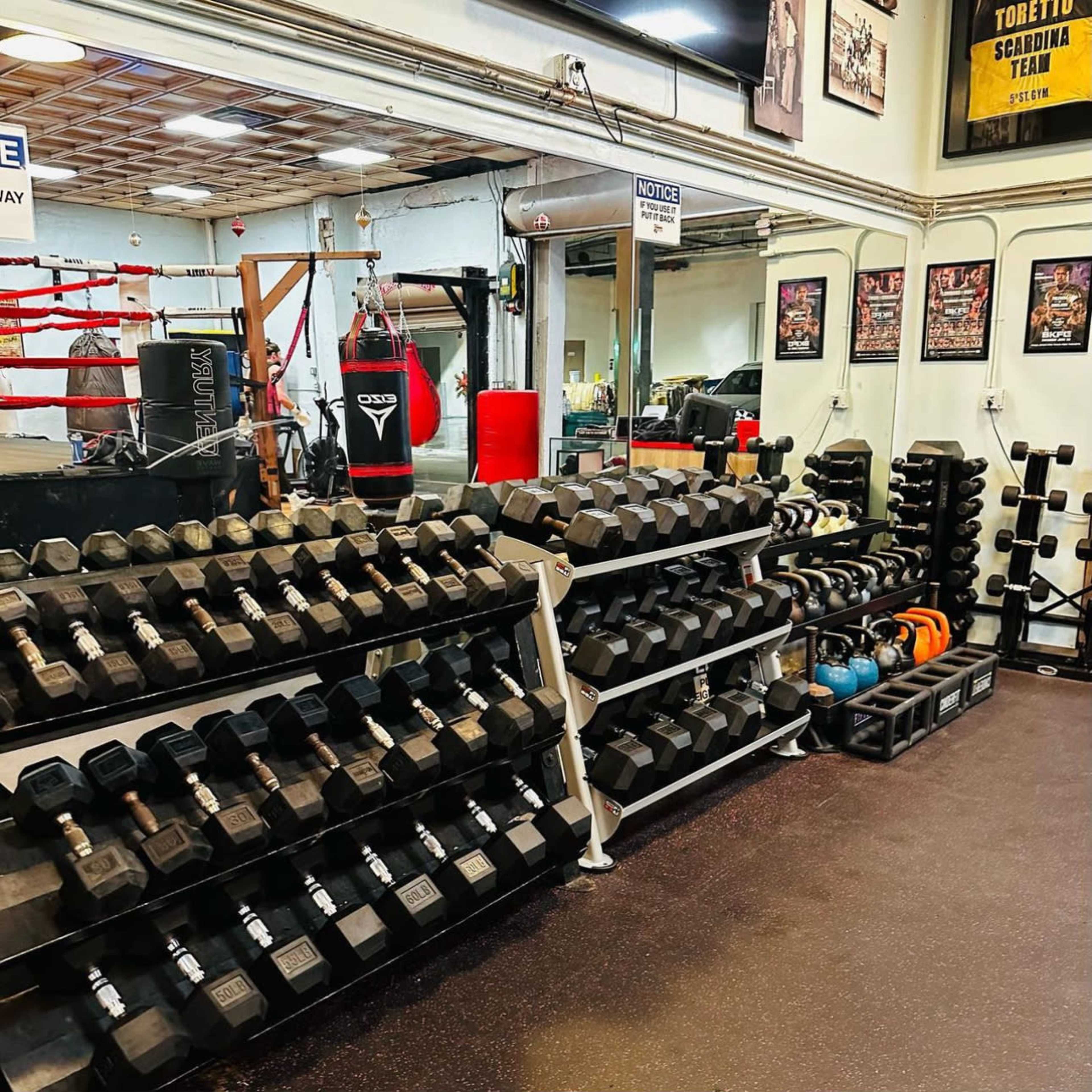 A gym interior with a rack of dumbbells, kettlebells, and a boxing setup including a heavy bag and a ring.