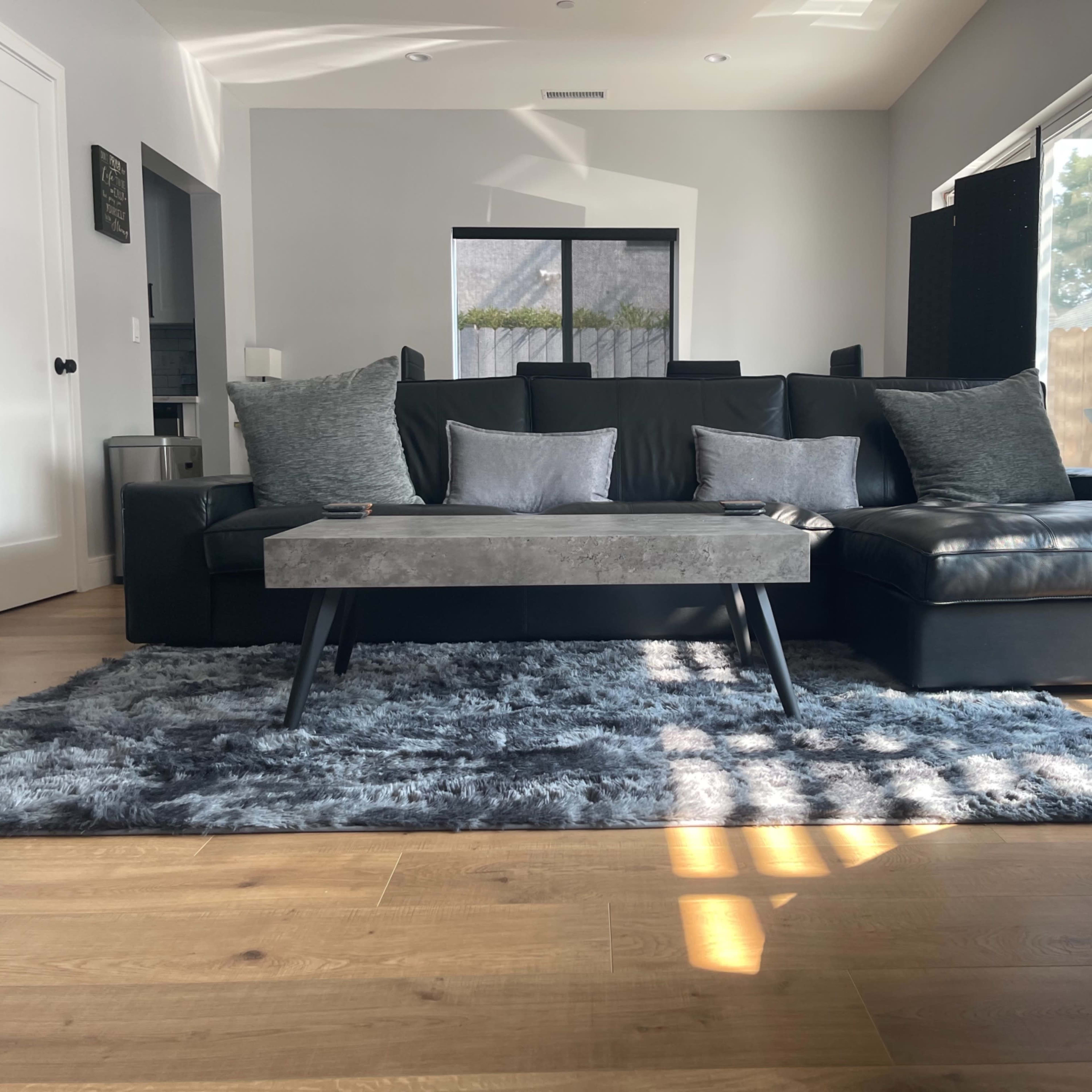 A modern living room with a black sectional sofa, a gray coffee table, and a soft rug on hardwood flooring, illuminated by natural light.