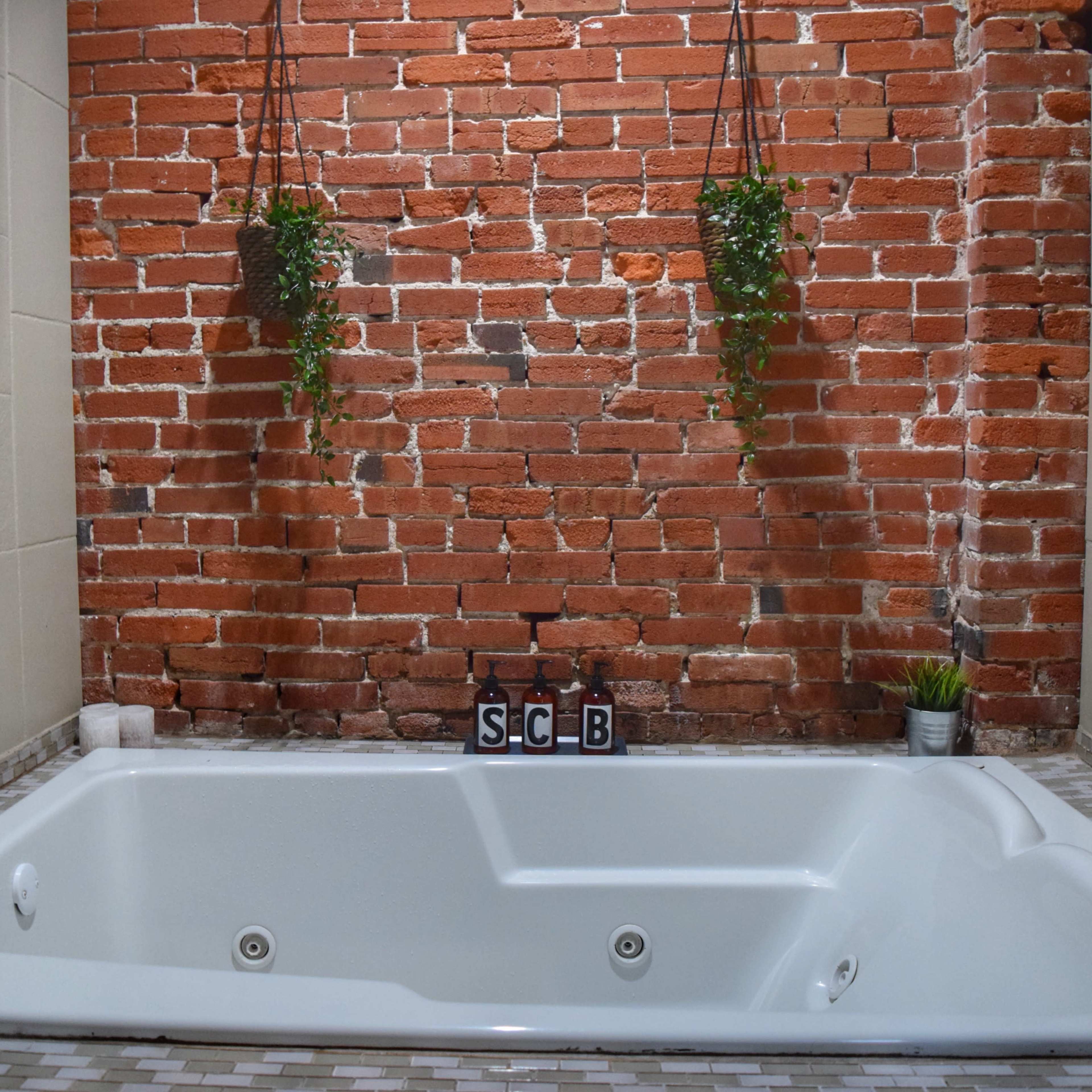 A white bathtub is positioned against a red brick wall with hanging plants, flanked by two dark wall-mounted faucets.