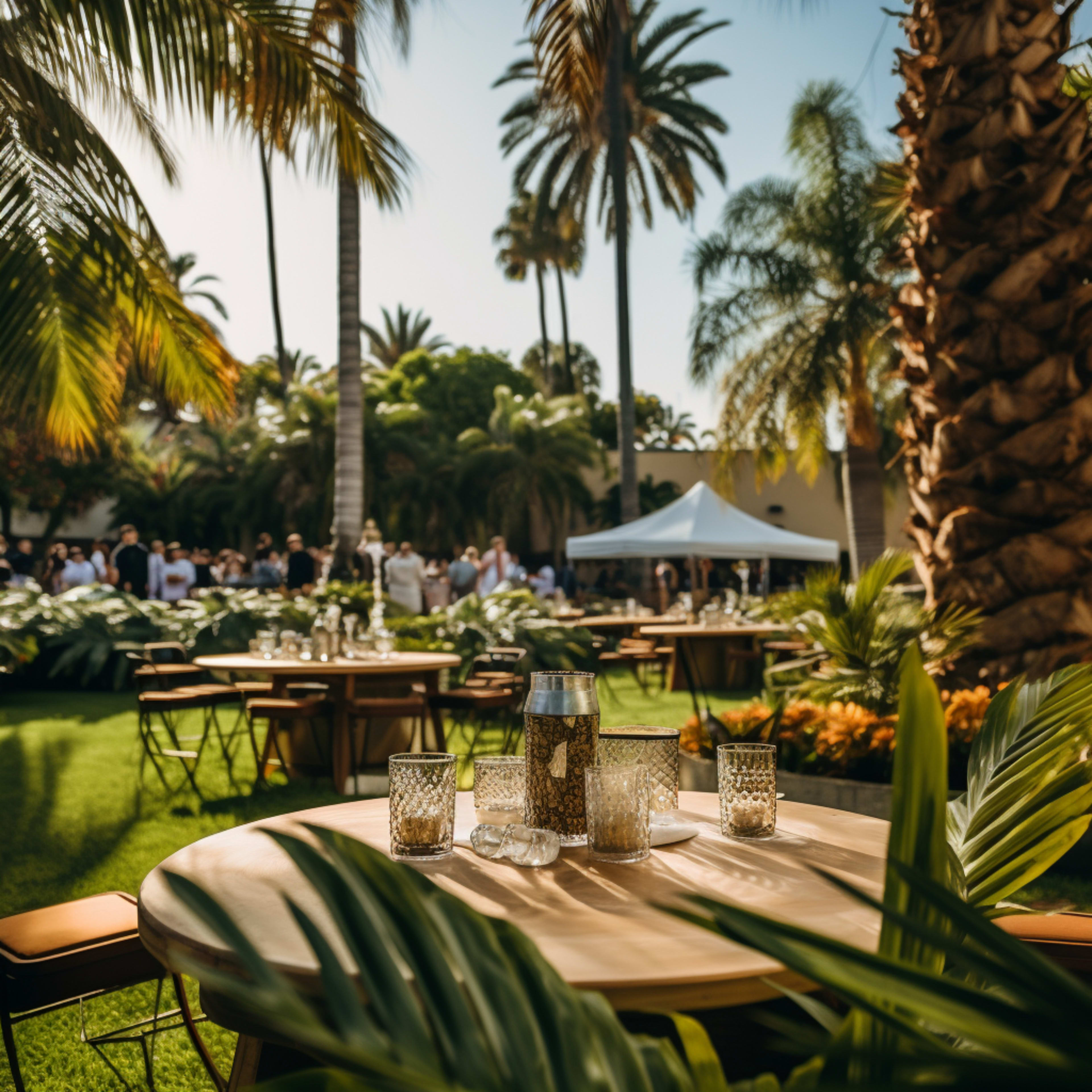 A decorated outdoor venue featuring wooden tables with glassware, surrounded by palm trees and lush greenery, and a white tent in the background.