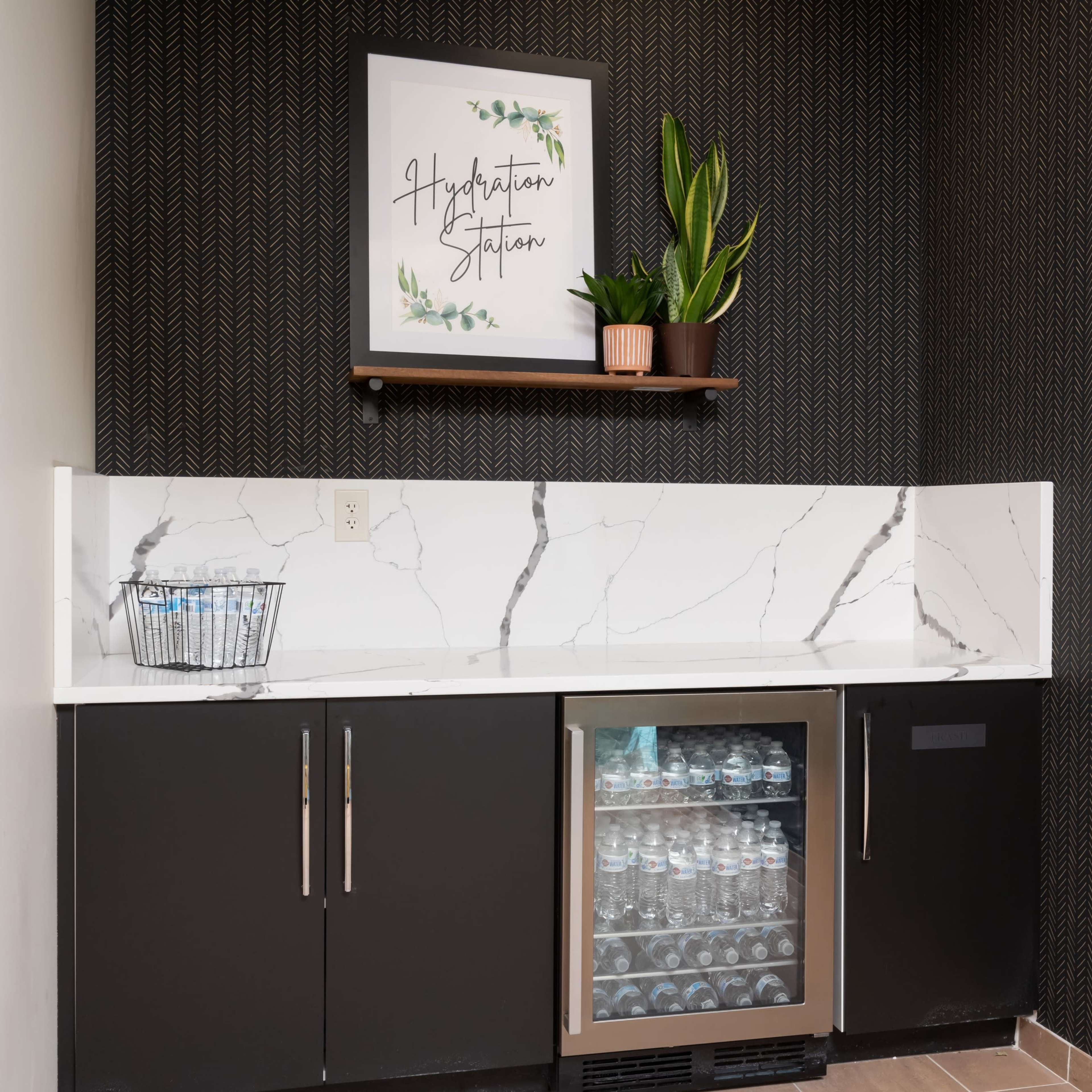 A modern kitchenette features a refrigerator, a sink, and a decorative shelf with a potted plant and wall art against a patterned dark wall.