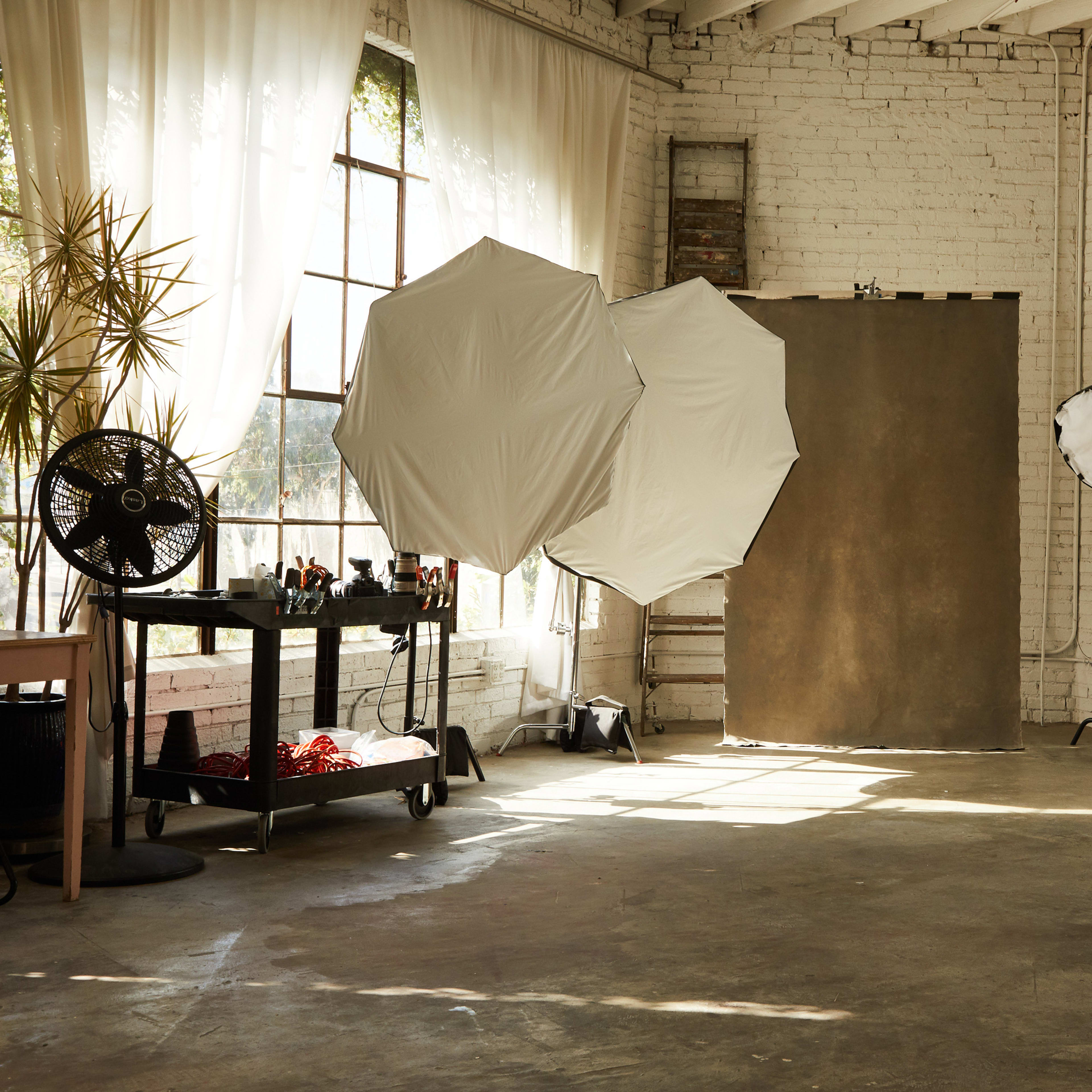 A photography studio with large softbox lights, a backdrop, and equipment on a rolling cart against a backdrop of large windows.