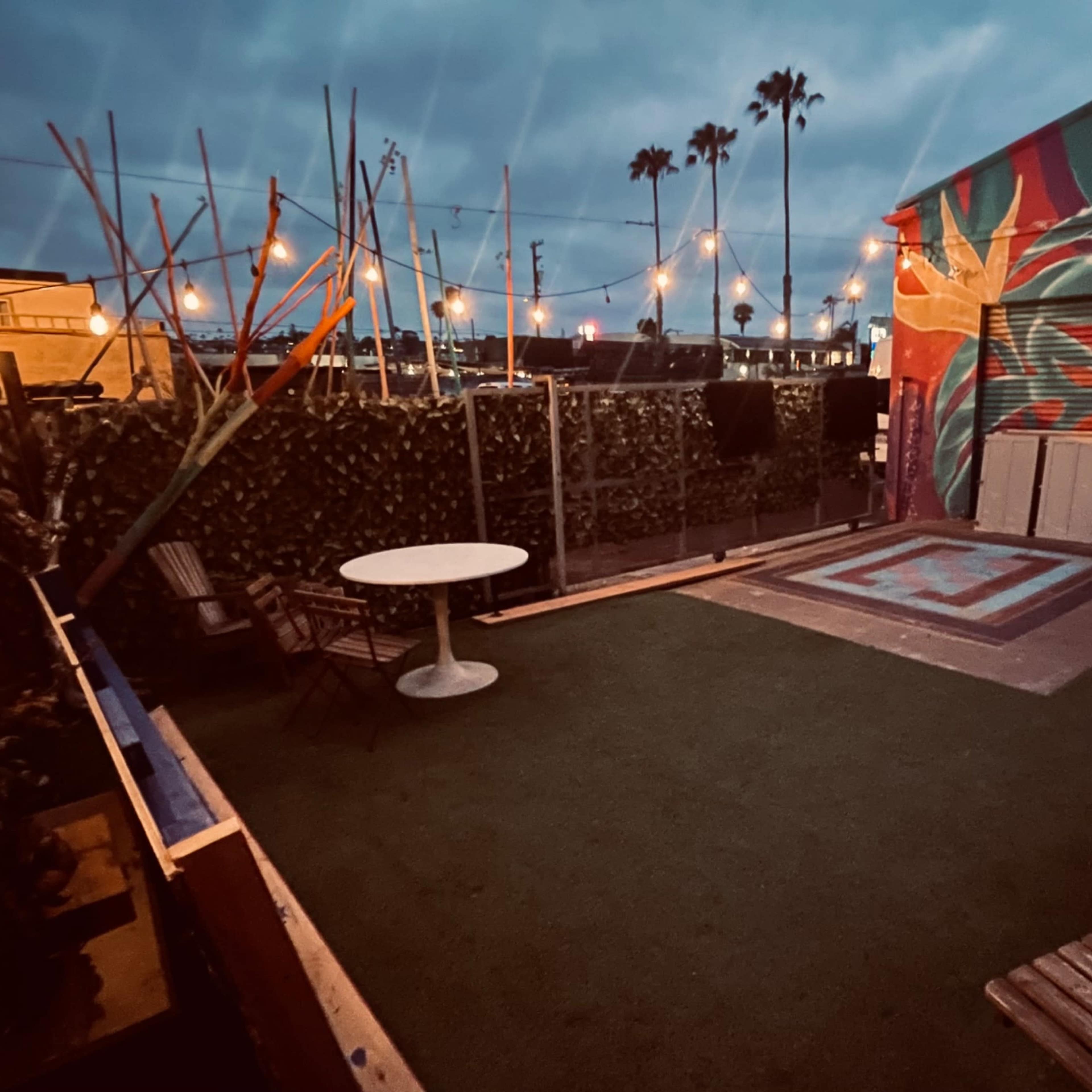 A partially illuminated outdoor patio area with a grassy surface, a round table, and colorful murals on the walls, set against a backdrop of palm trees and twilight.