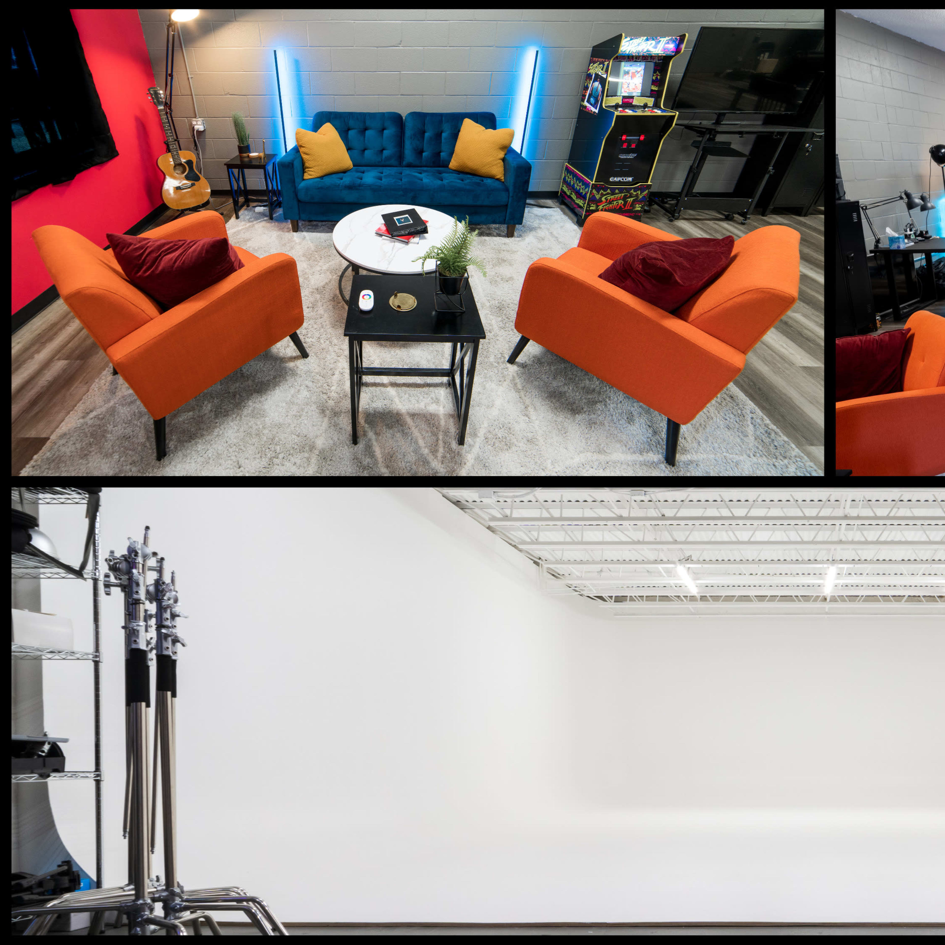 Three different interior spaces: an inviting lounge area with colorful seating and arcade games, a versatile workspace with multiple stations and vibrant decor, and a spacious, empty white studio.