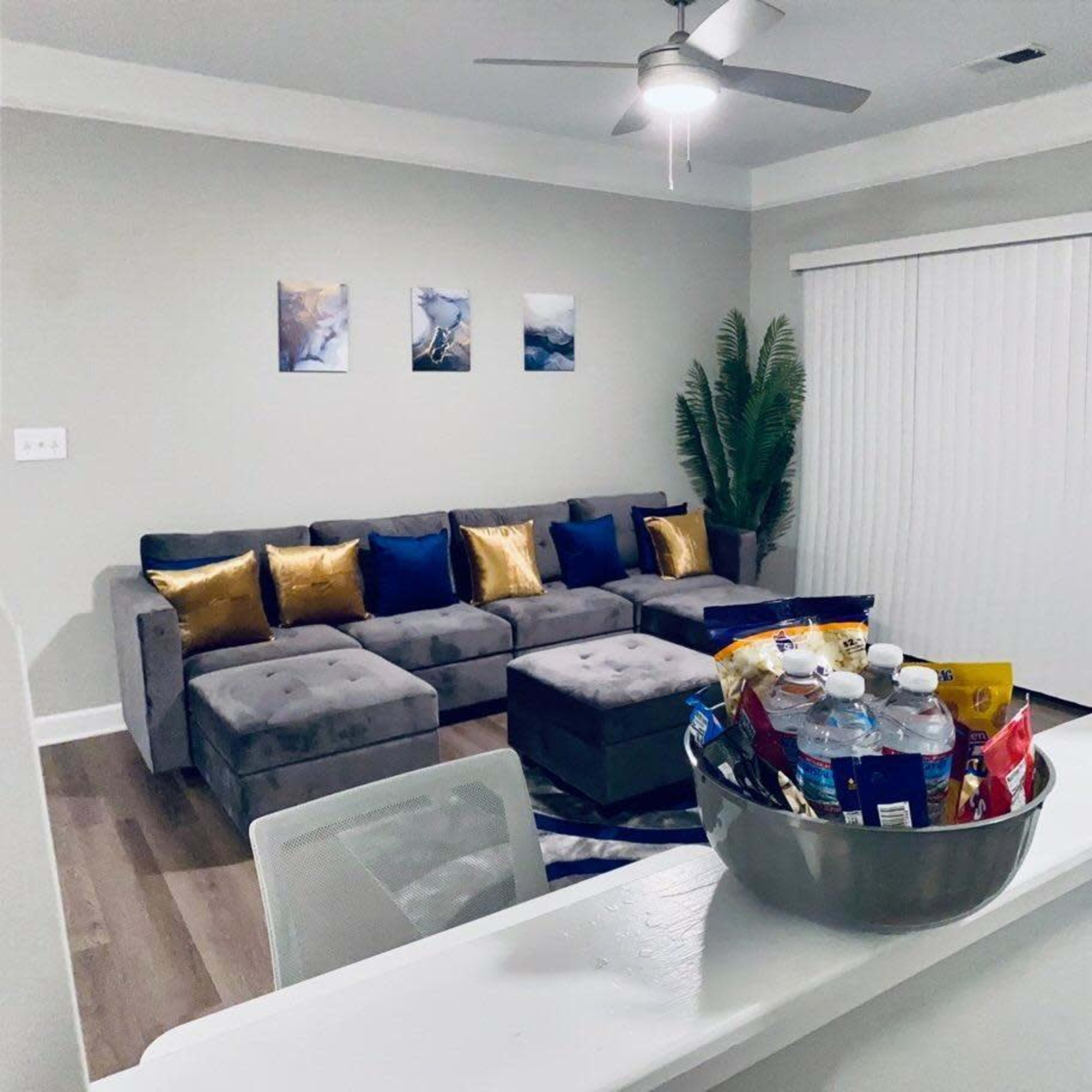 A living room features a gray sectional sofa with blue and gold decorative pillows, a potted plant in the corner, and a bowl of snacks and drinks on a kitchen counter.