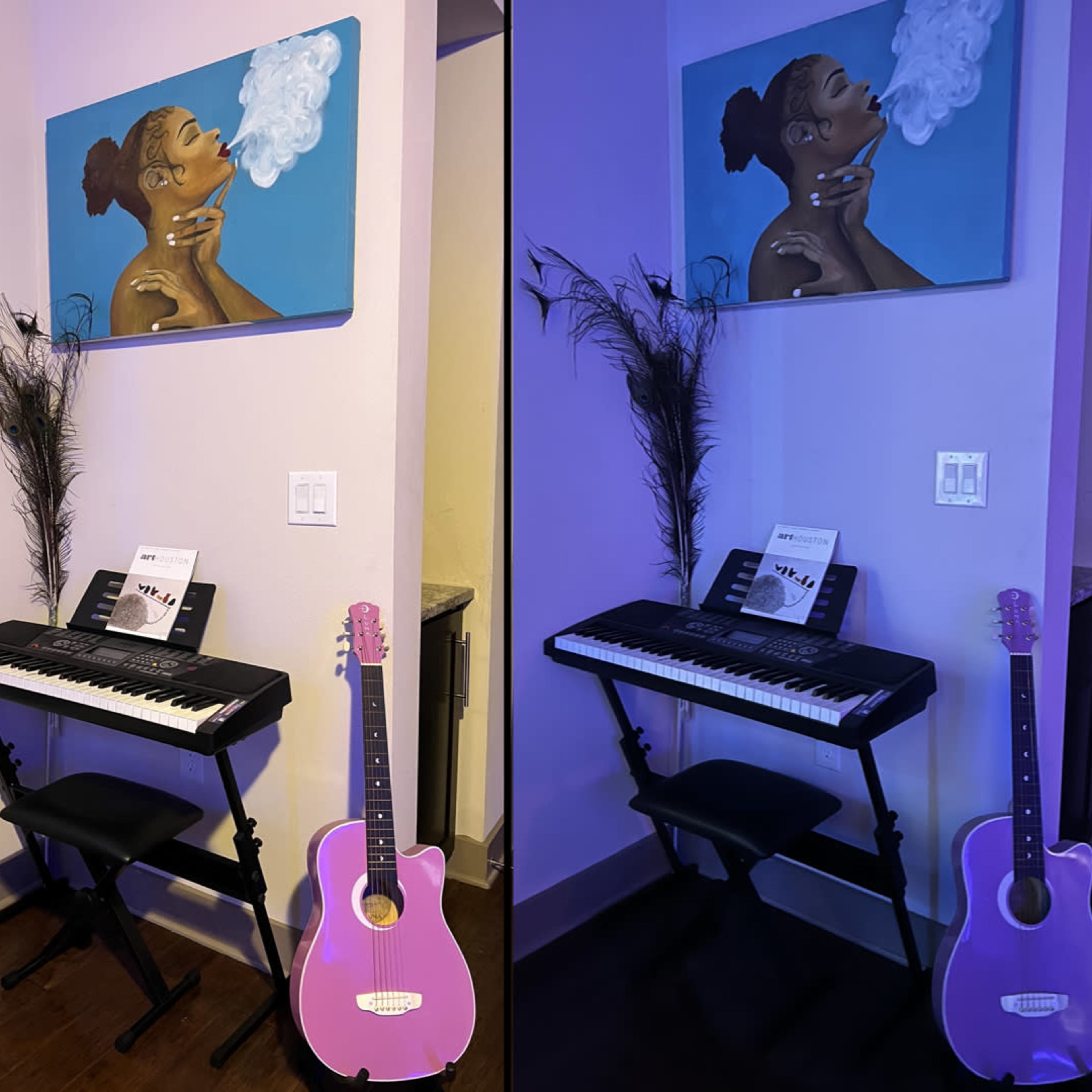 A corner of a room with a purple guitar and two keyboards, accompanied by a blue artwork depicting a woman with smoke.