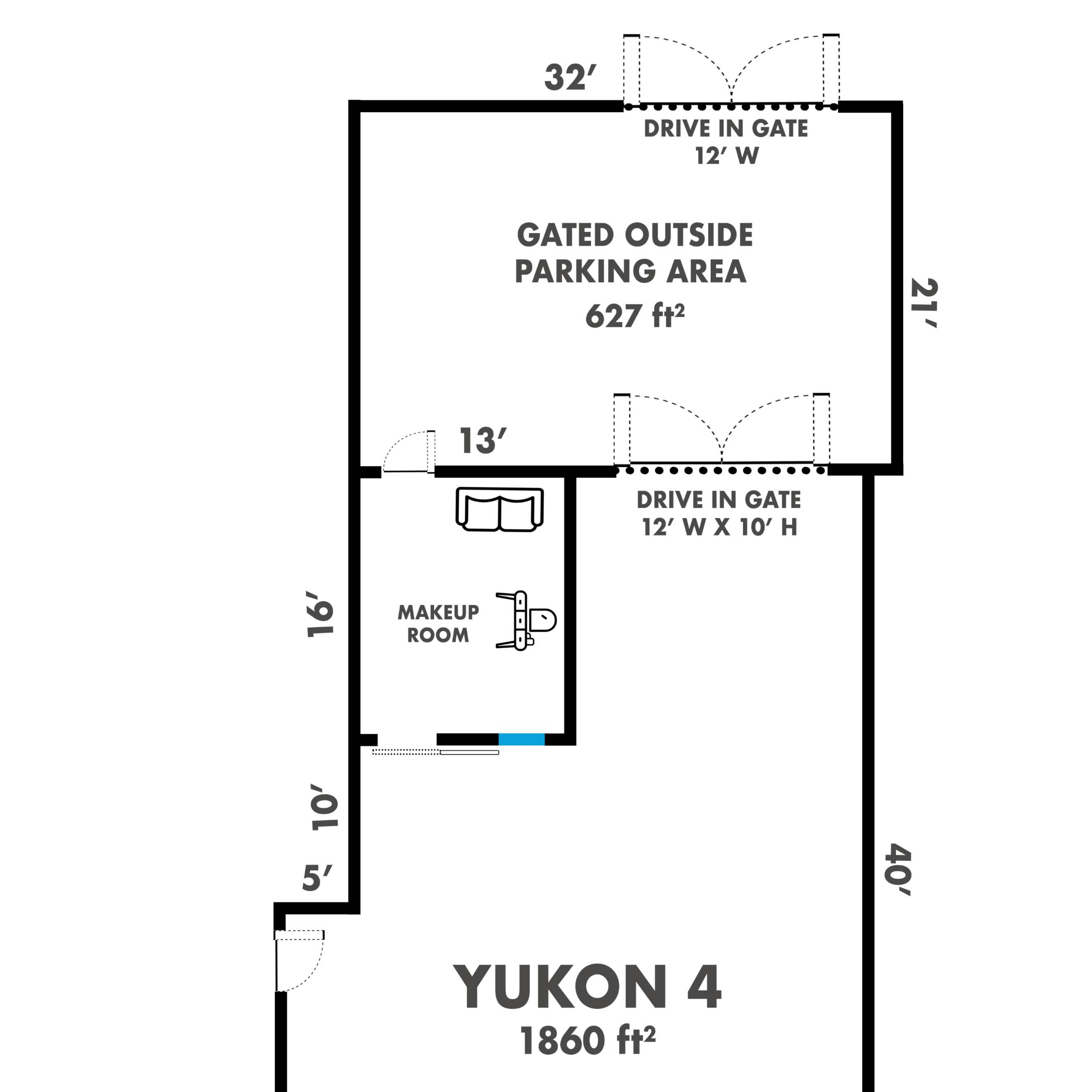 A detailed floor plan of a building labeled "YUKON 4," including dimensions for various rooms, a gated parking area, and structural features.