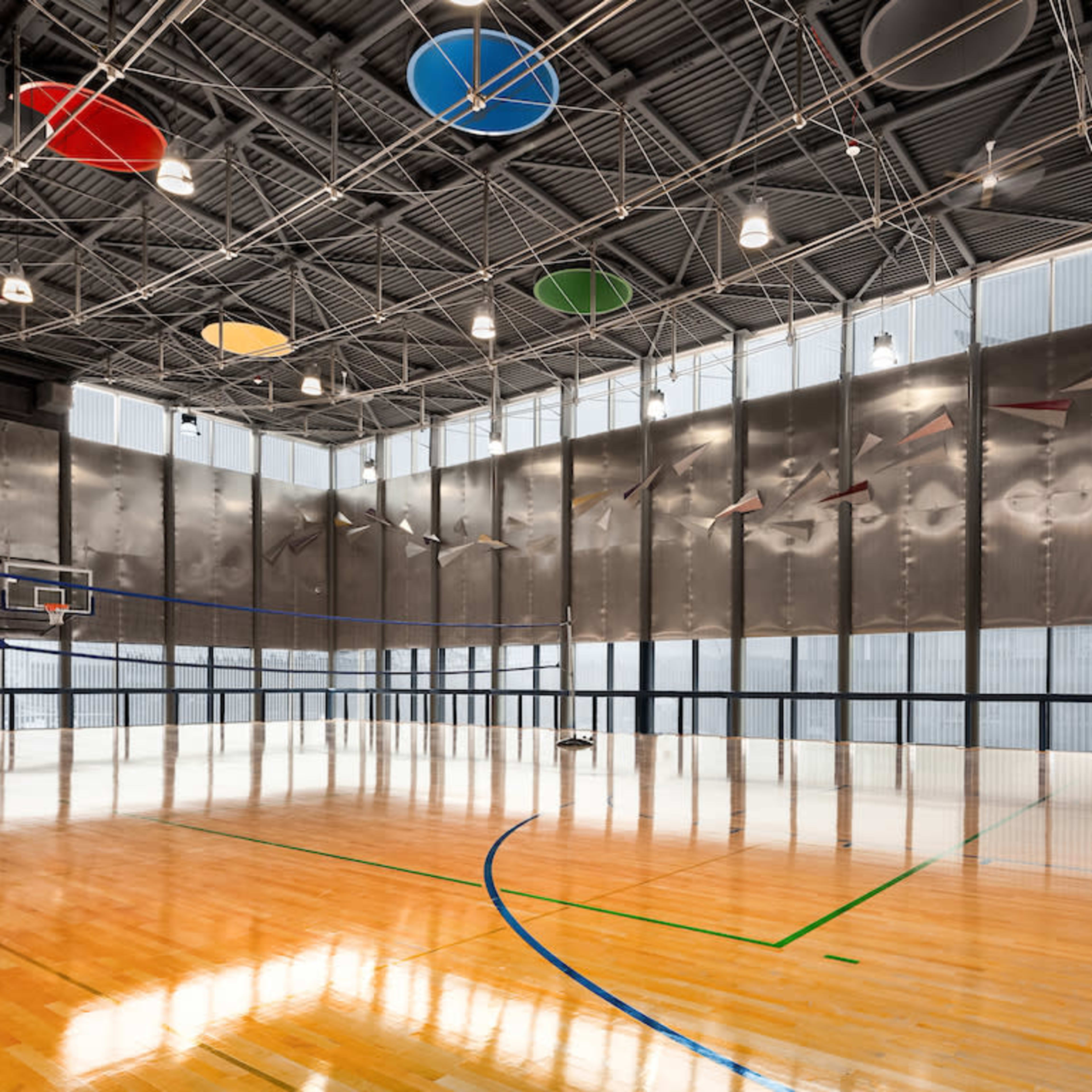 An indoor sports gym with a polished wooden floor, a basketball hoop, and colorful acoustic panels on the ceiling.