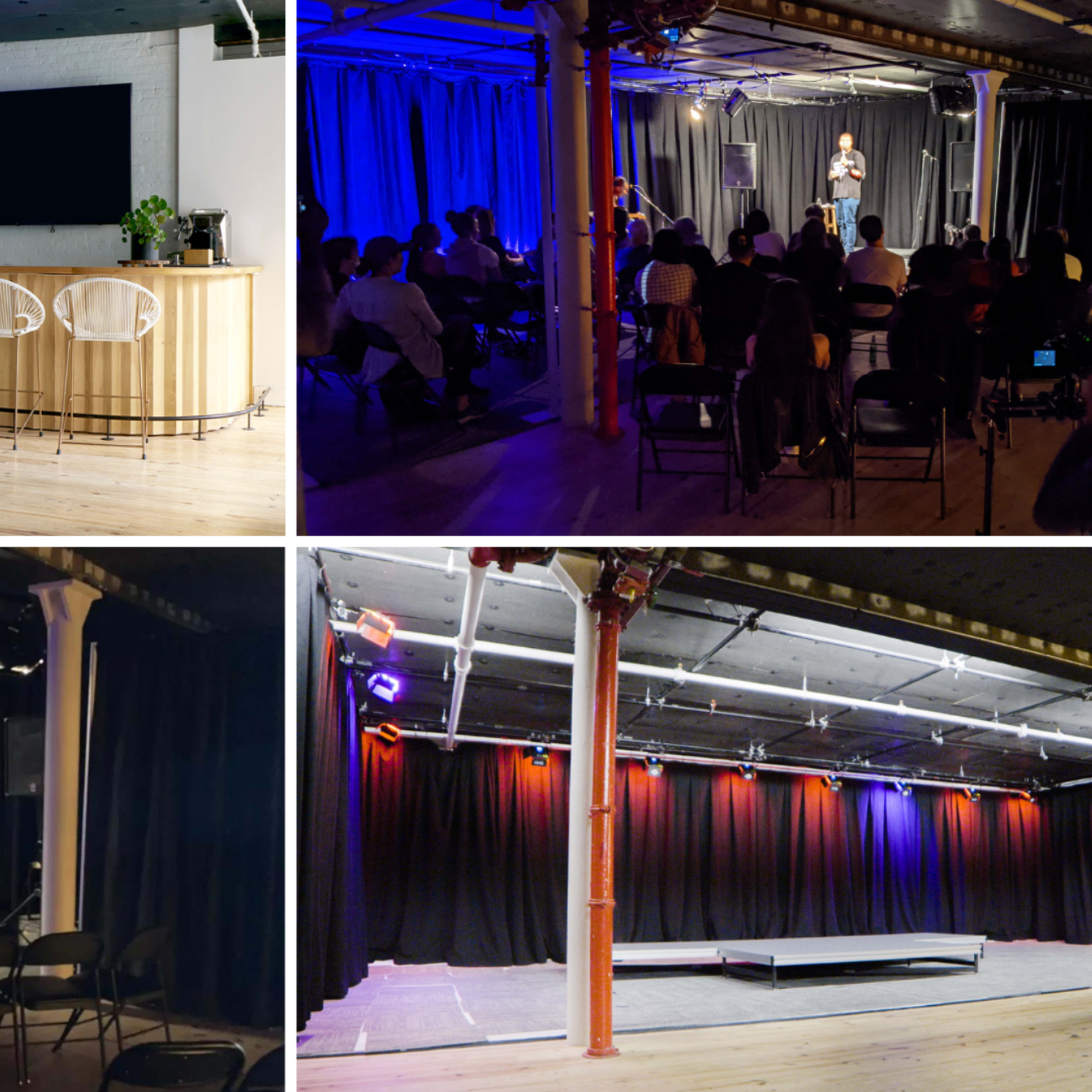 A multi-purpose space with a bar area in the top left, a performance stage in the top right, a minimalist setup with a stool in the bottom left, and a platform stage in the bottom right, all enclosed by dark curtains.