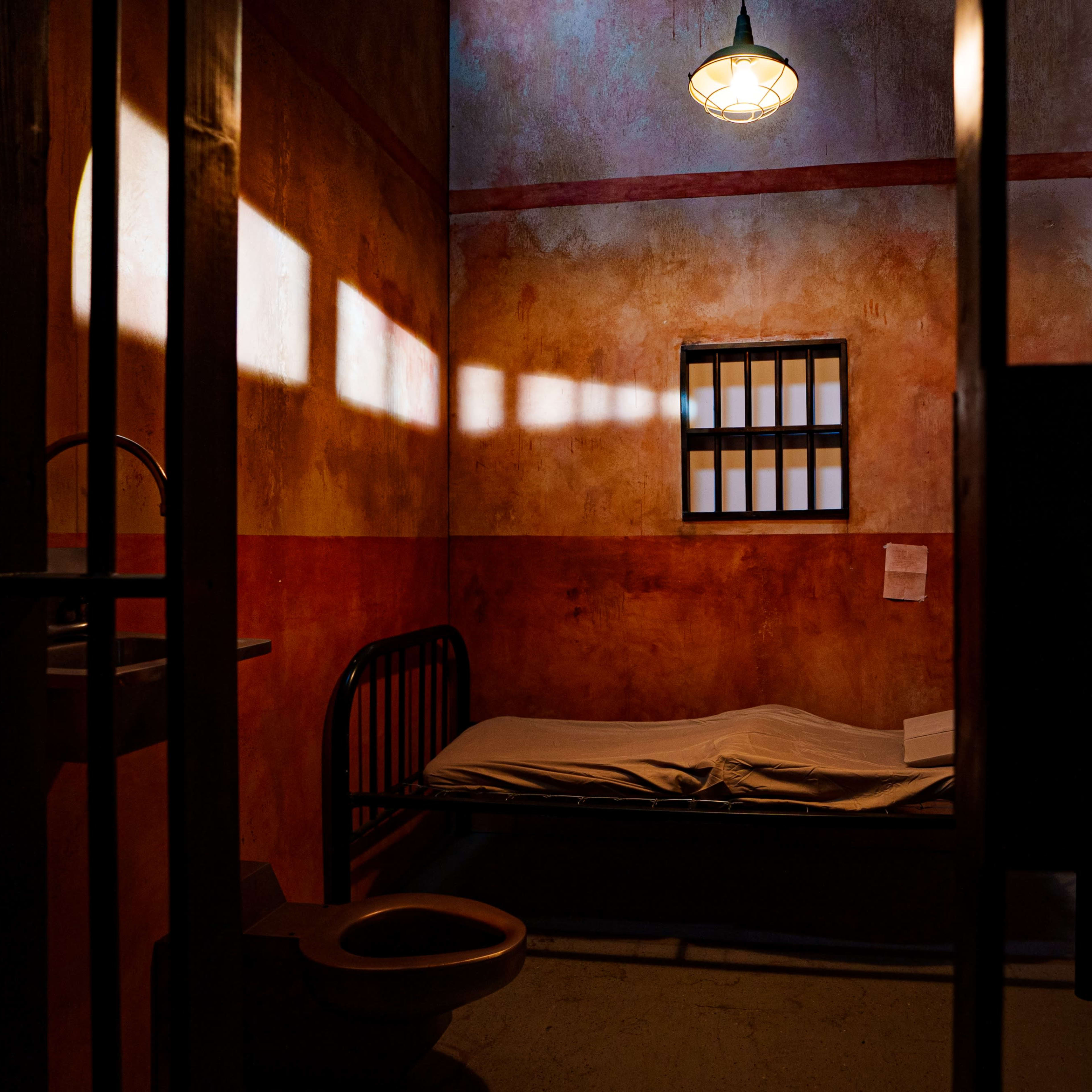 A small prison cell featuring a bed, a toilet, and a barred window with light casting shadows on the walls.