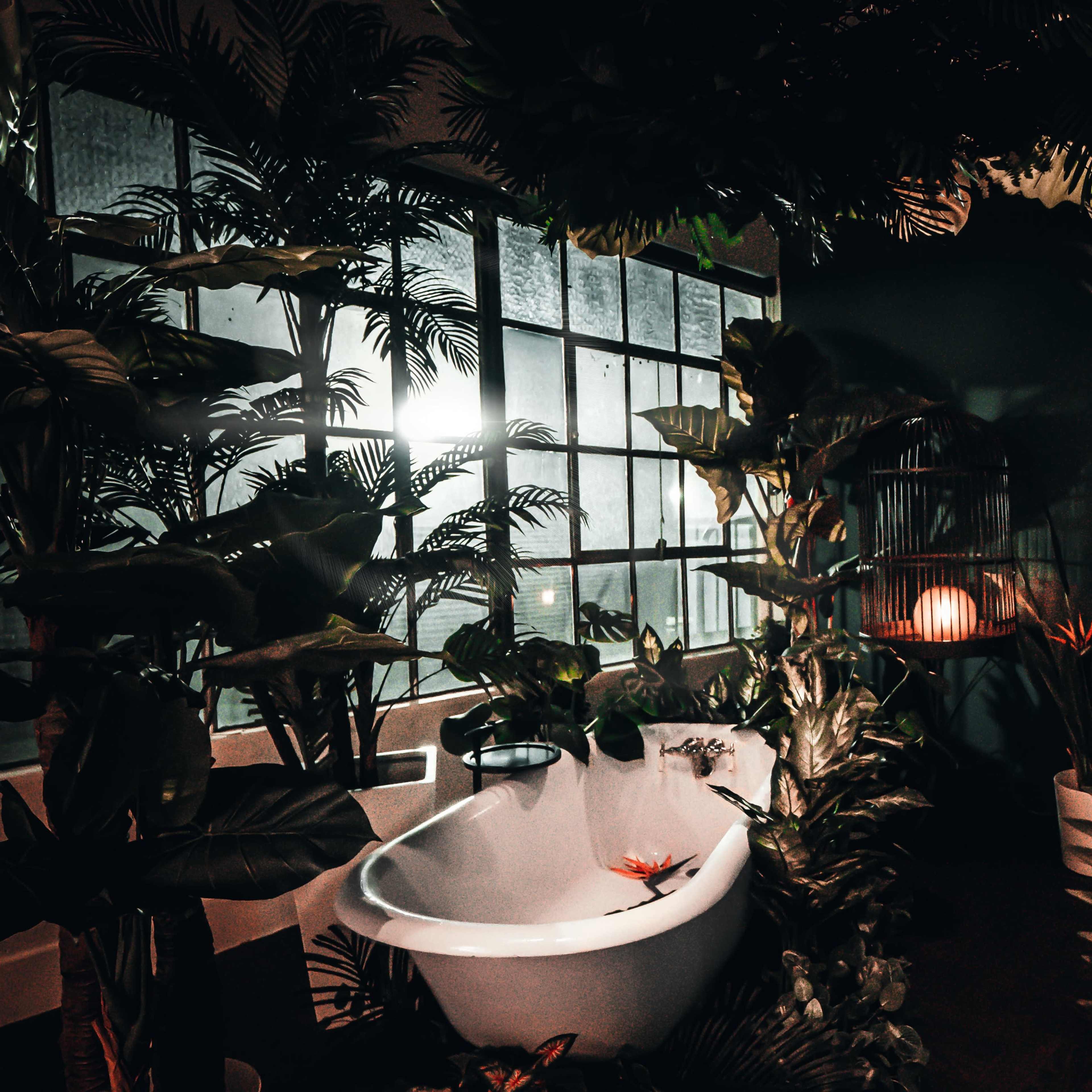 A white bathtub is surrounded by lush green plants under soft lighting and large windows.