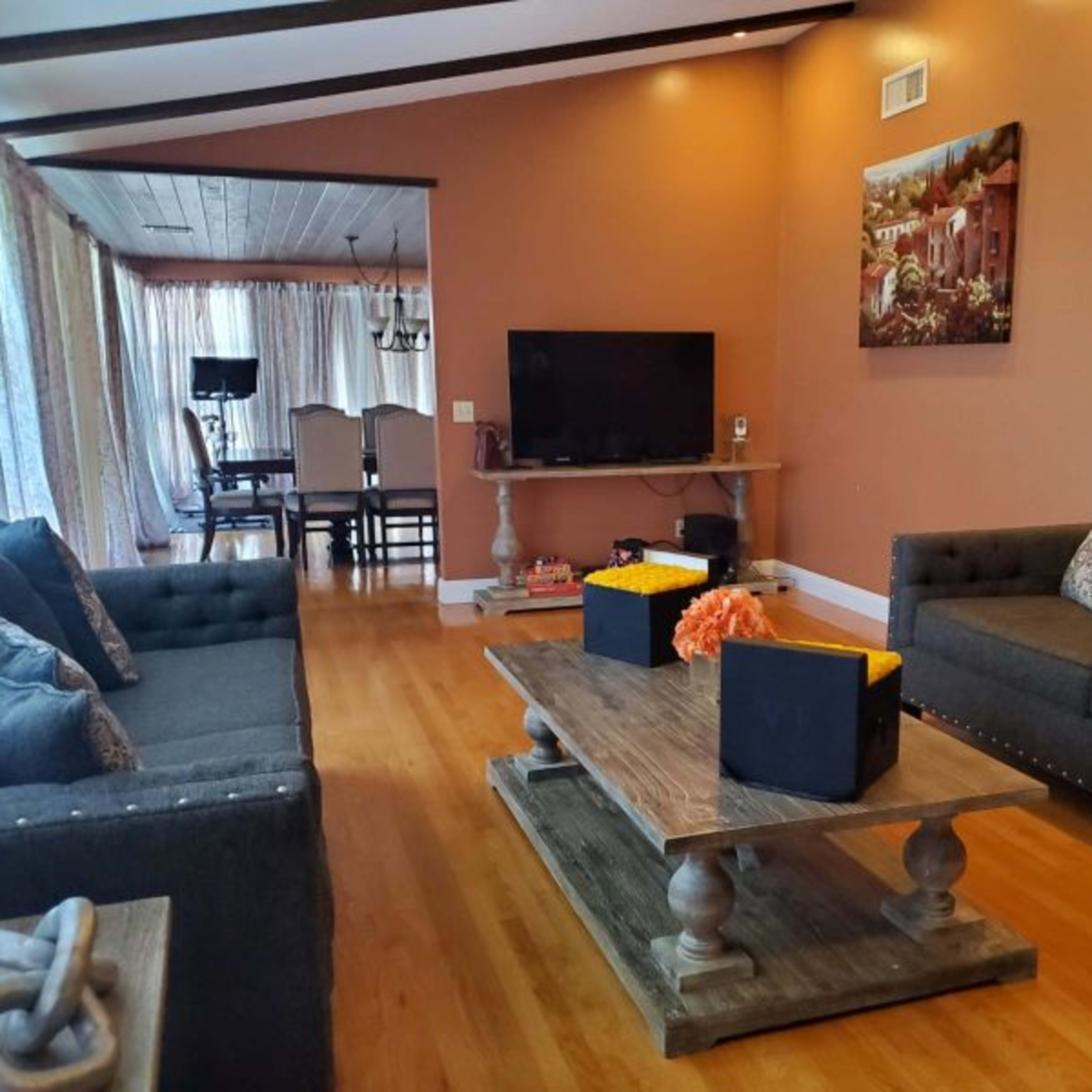 A living room with two sofas, a wooden coffee table, and a television, surrounded by large windows with sheer curtains and a view of a dining area.